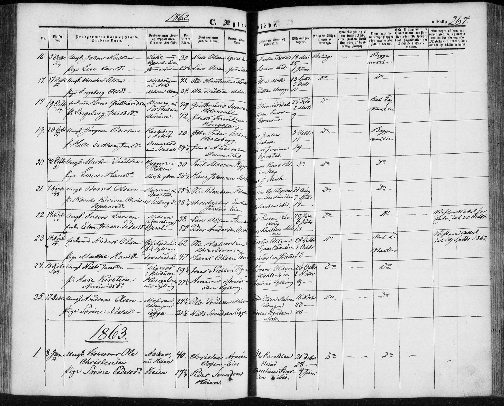 Lier kirkebøker, SAKO/A-230/F/Fa/L0012: Parish register (official) no. I 12, 1854-1864, p. 267