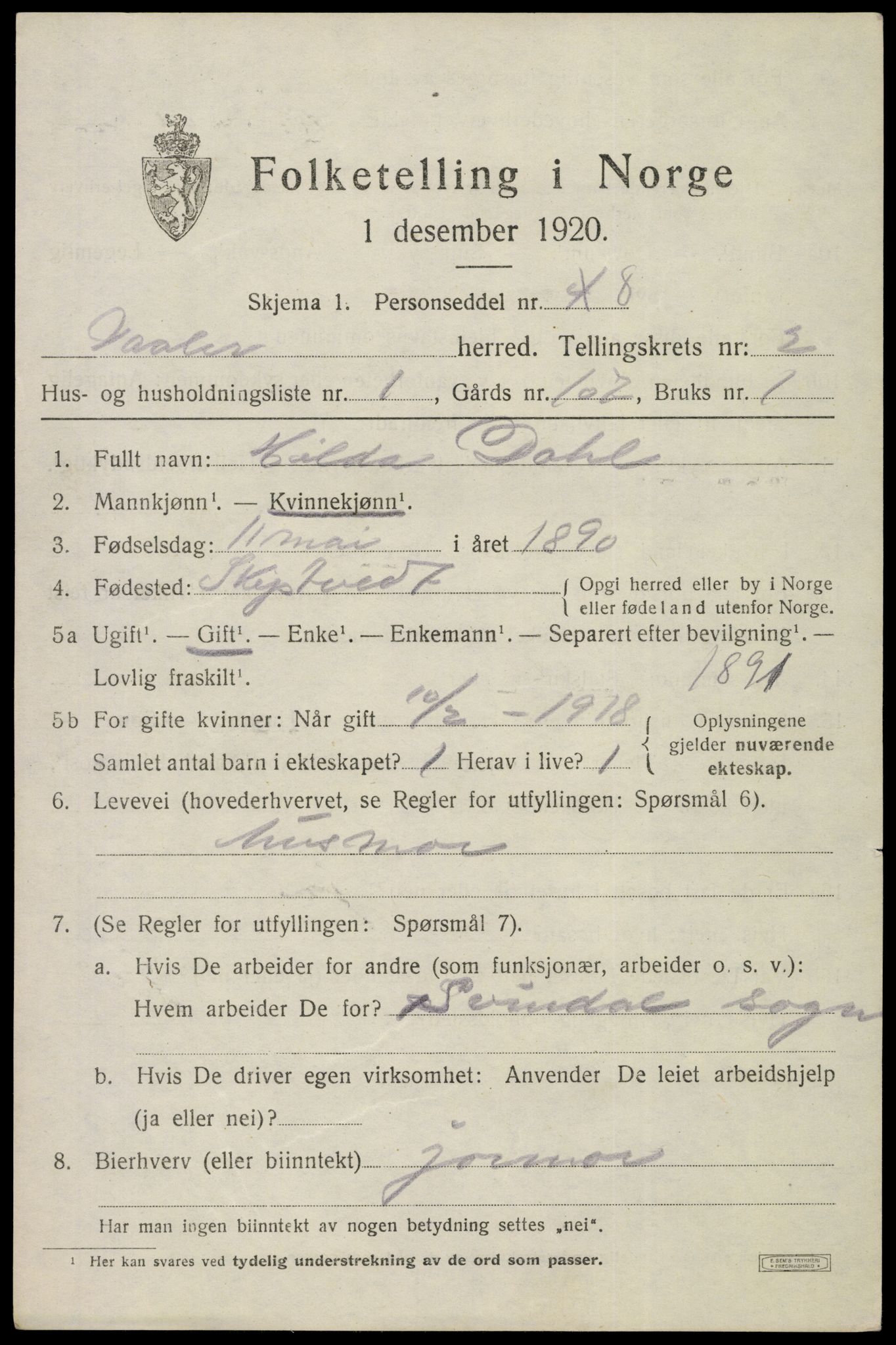 SAO, 1920 census for Våler, 1920, p. 1396