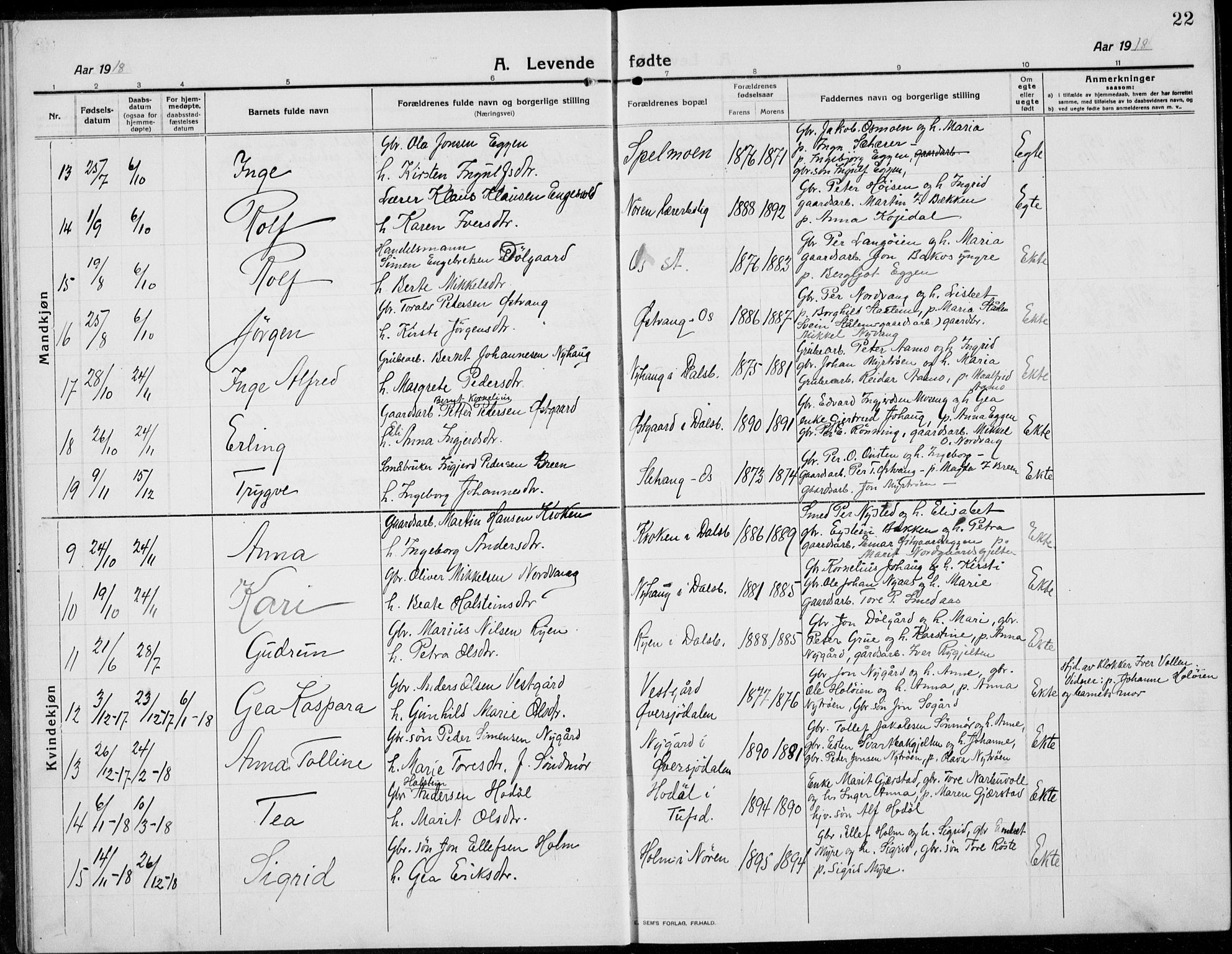 Tolga prestekontor, AV/SAH-PREST-062/L/L0014: Parish register (copy) no. 14, 1913-1936, p. 22