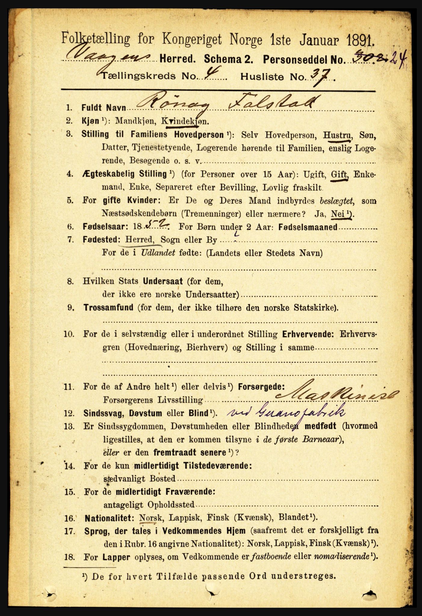 RA, 1891 census for 1865 Vågan, 1891, p. 1242