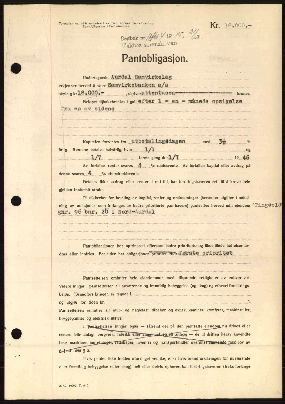 Valdres sorenskriveri, AV/SAH-TING-016/H/Hb/Hbc/L0016: Mortgage book no. B16, 1945-1946, Diary no: : 1464/1945