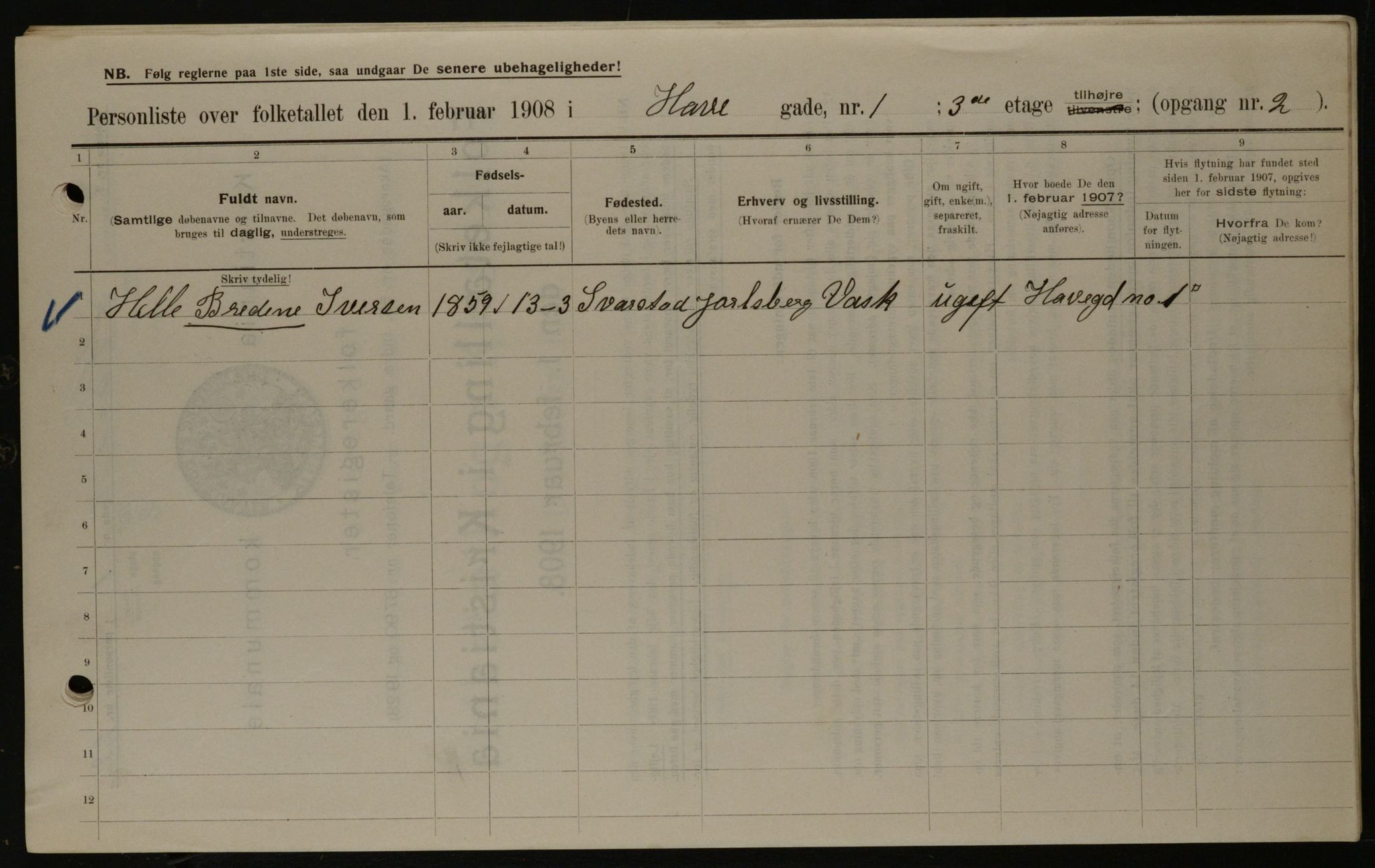 OBA, Municipal Census 1908 for Kristiania, 1908, p. 30121