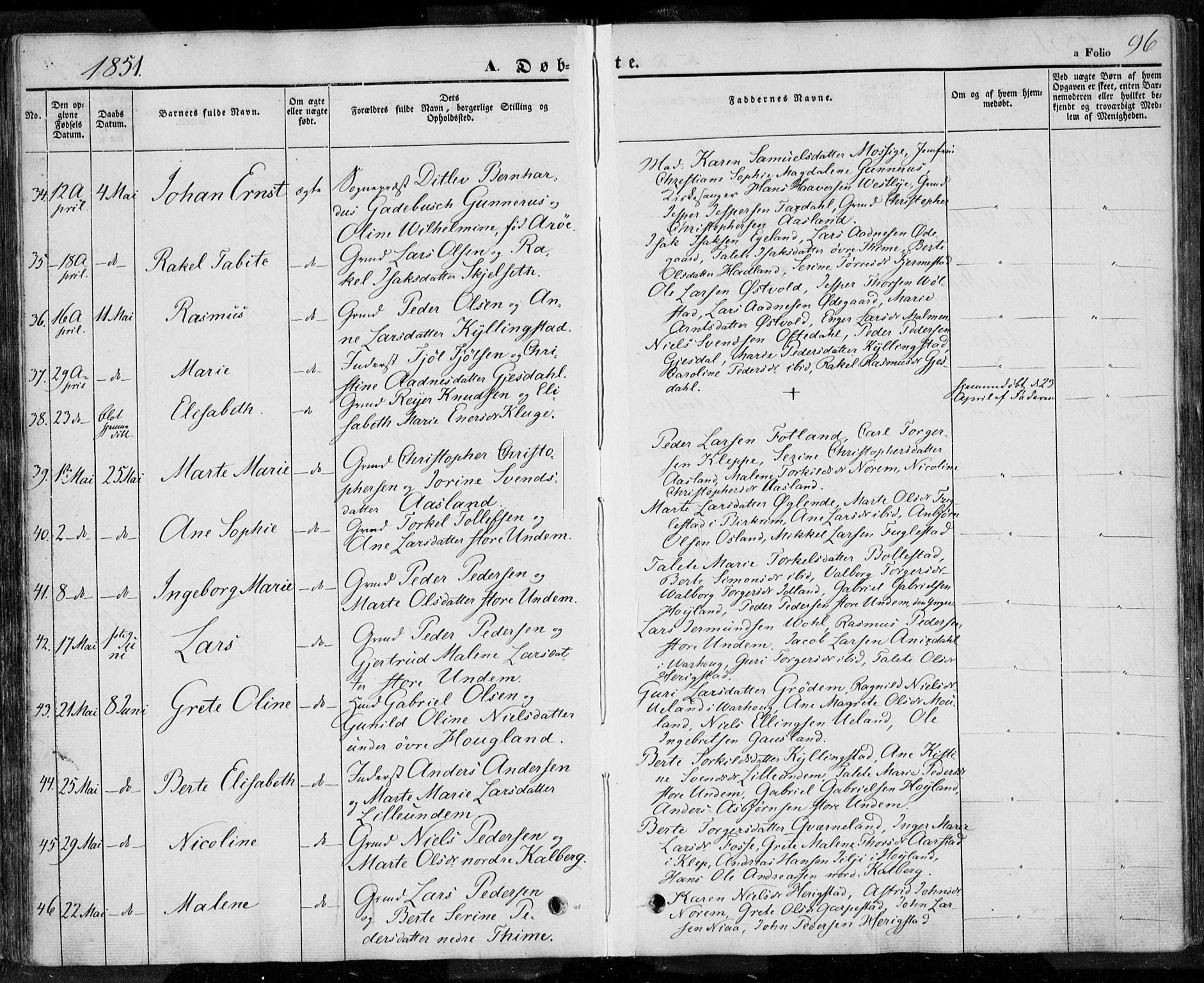 Lye sokneprestkontor, SAST/A-101794/001/30BA/L0005: Parish register (official) no. A 5.1, 1842-1855, p. 96