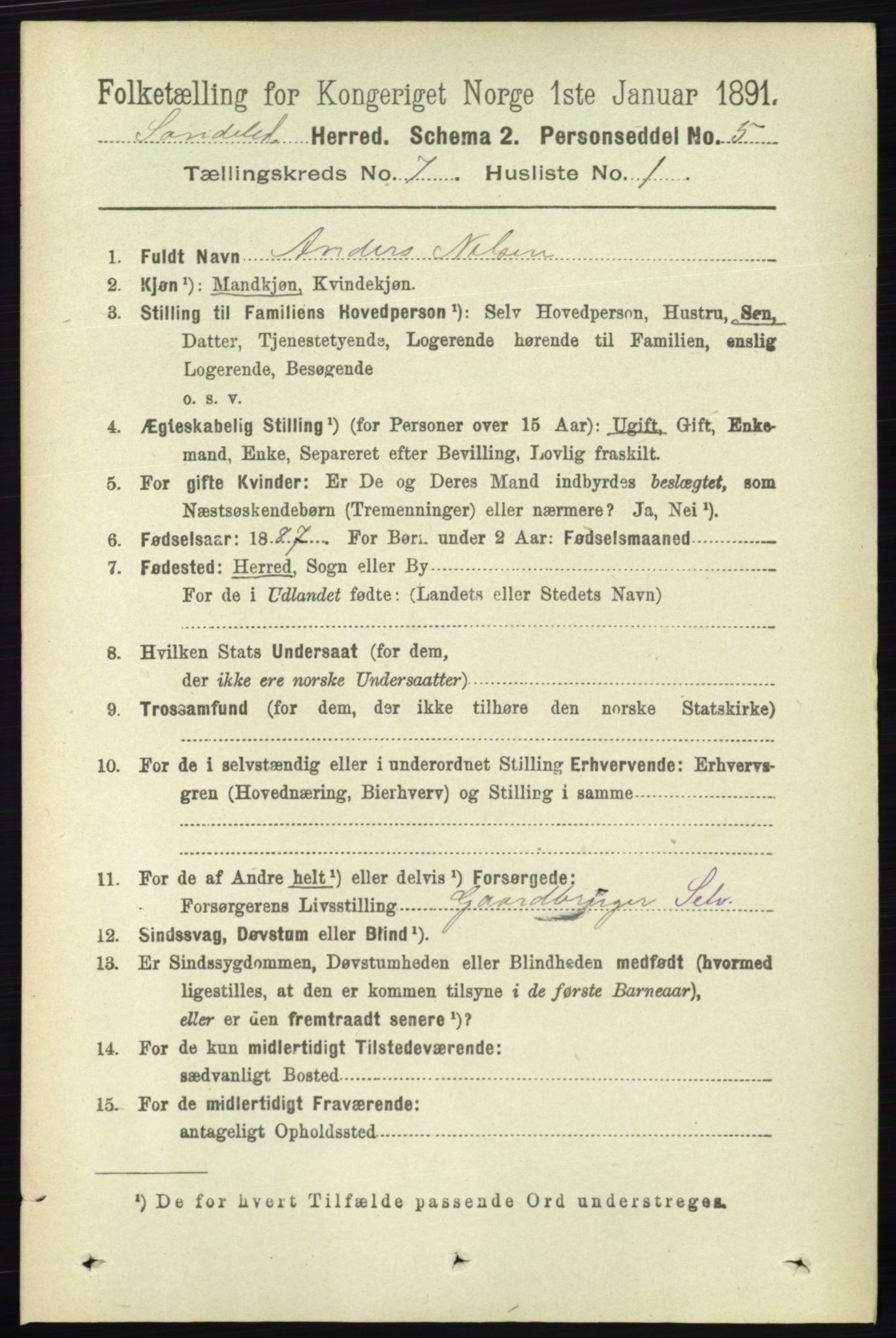 RA, 1891 census for 0913 Søndeled, 1891, p. 2337