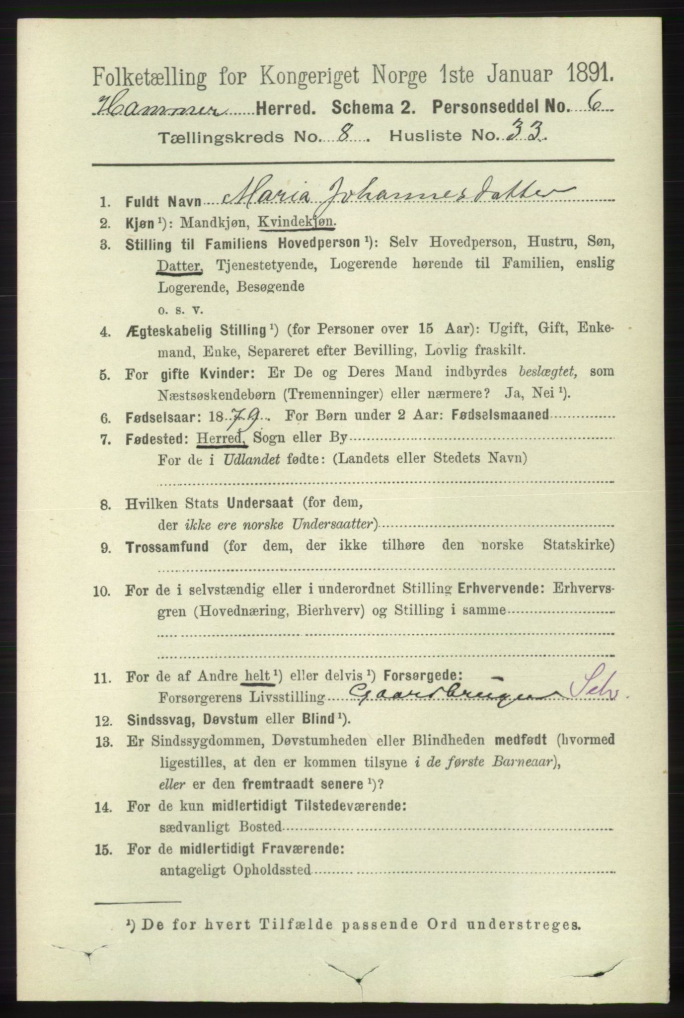 RA, 1891 census for 1254 Hamre, 1891, p. 2208