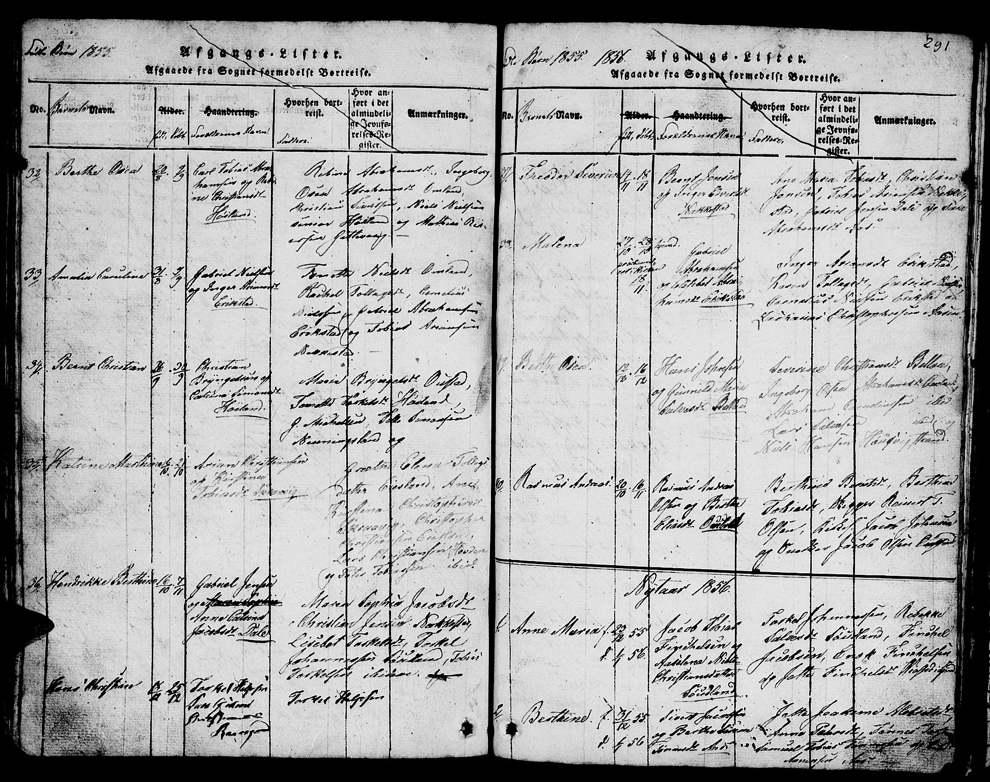 Lyngdal sokneprestkontor, SAK/1111-0029/F/Fb/Fba/L0001: Parish register (copy) no. B 1, 1816-1876, p. 291