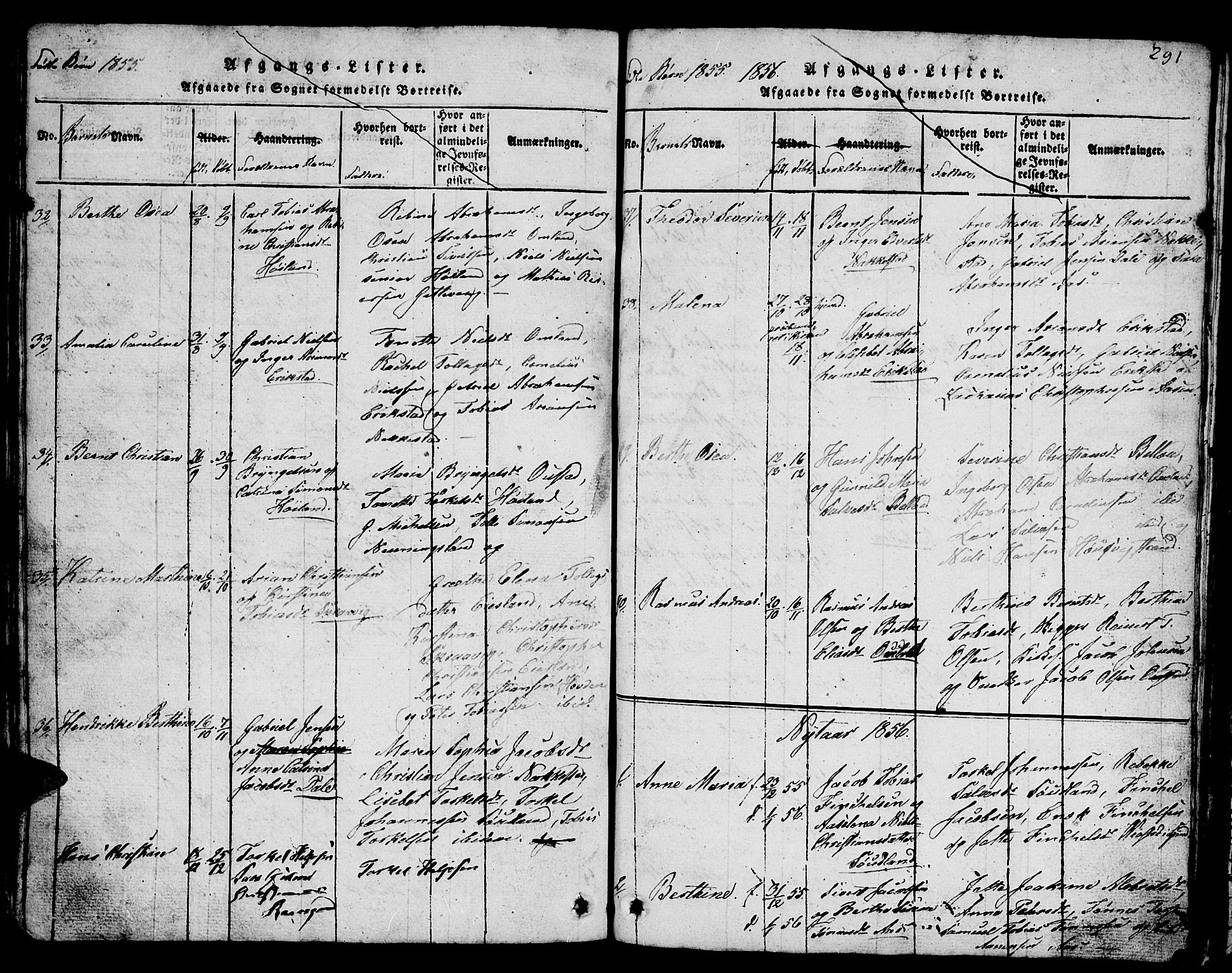 Lyngdal sokneprestkontor, AV/SAK-1111-0029/F/Fb/Fba/L0001: Parish register (copy) no. B 1, 1816-1876, p. 291