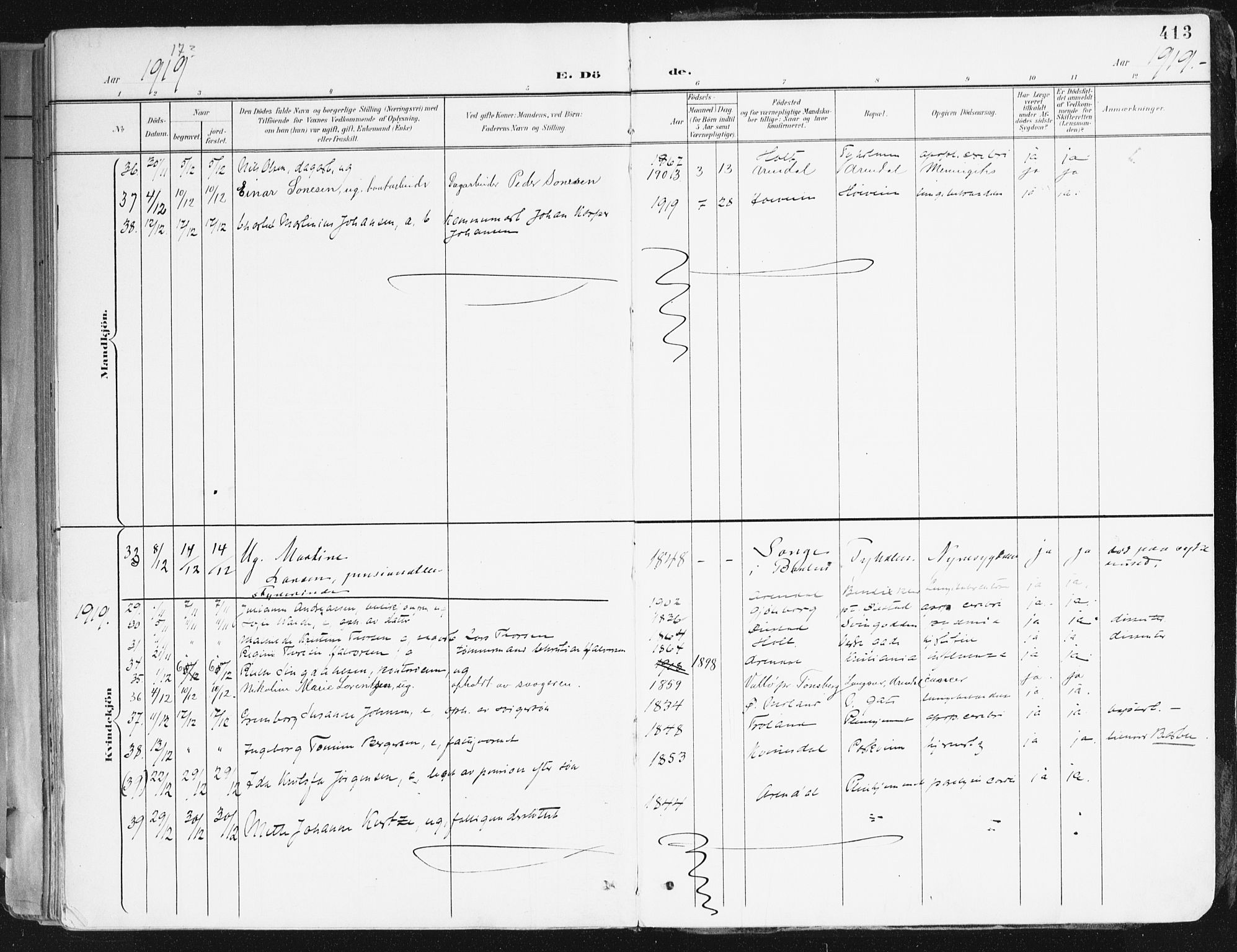 Arendal sokneprestkontor, Trefoldighet, SAK/1111-0040/F/Fa/L0010: Parish register (official) no. A 10, 1900-1919, p. 413