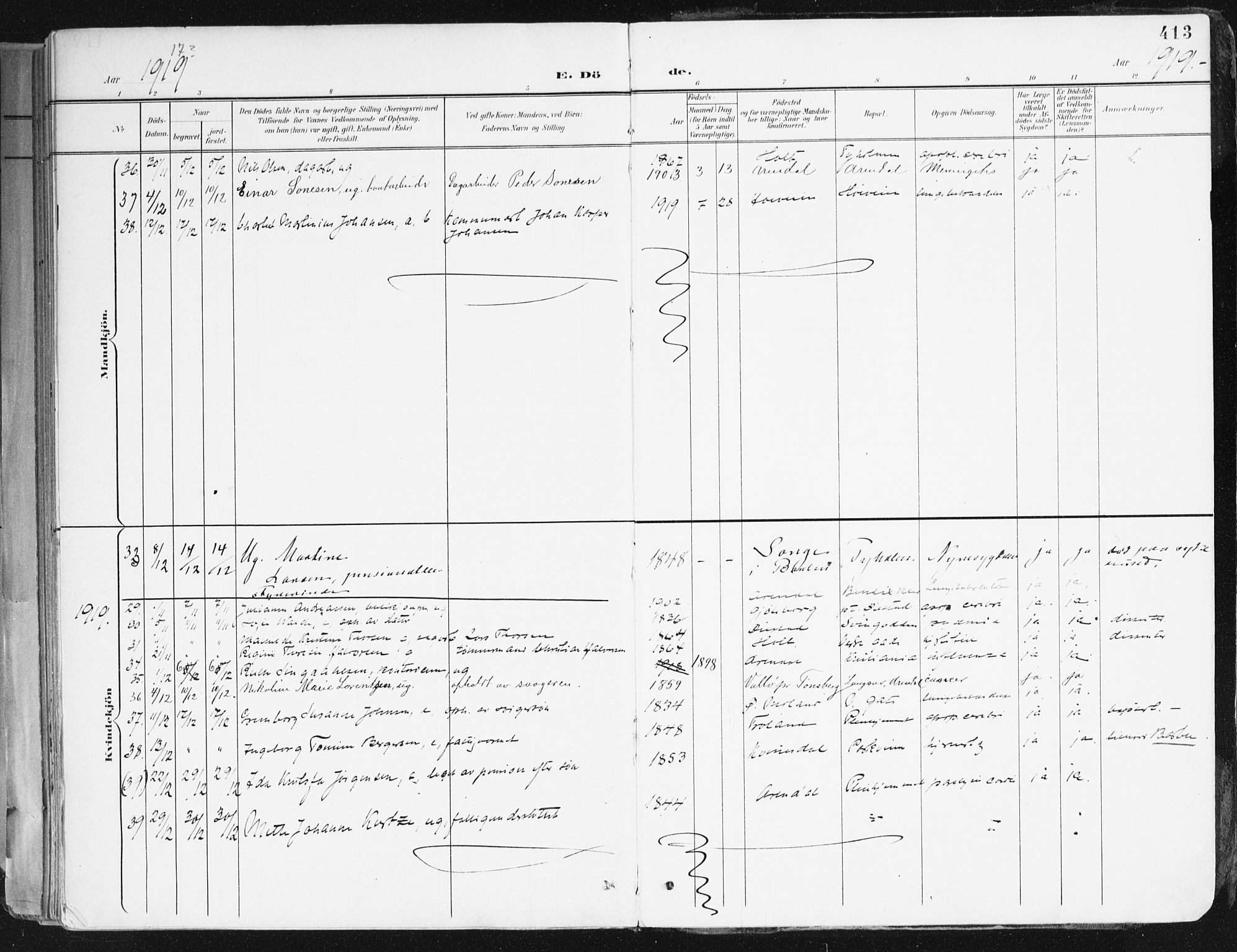 Arendal sokneprestkontor, Trefoldighet, AV/SAK-1111-0040/F/Fa/L0010: Parish register (official) no. A 10, 1900-1919, p. 413