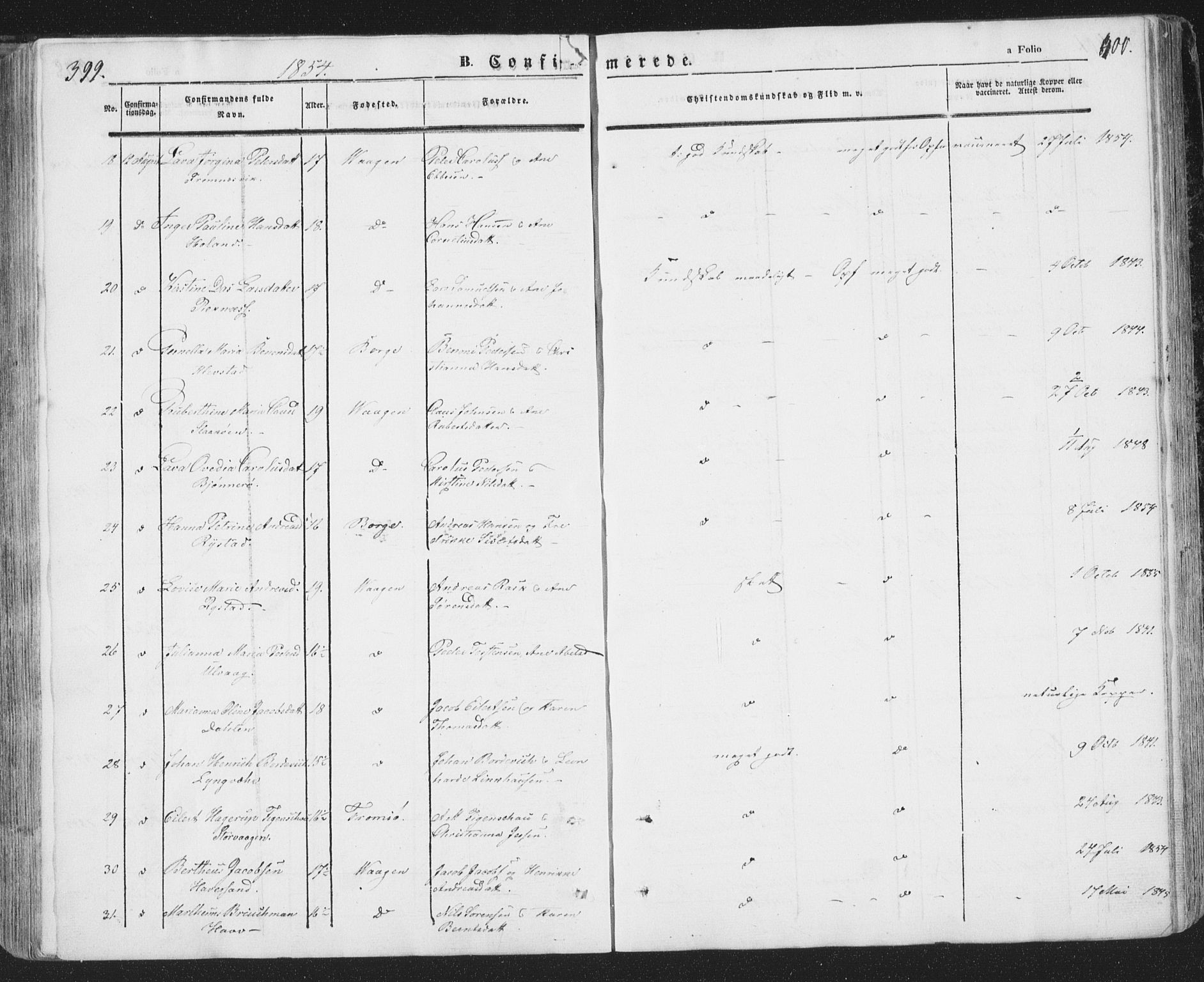 Ministerialprotokoller, klokkerbøker og fødselsregistre - Nordland, SAT/A-1459/874/L1072: Parish register (copy) no. 874C01, 1843-1859, p. 399-400