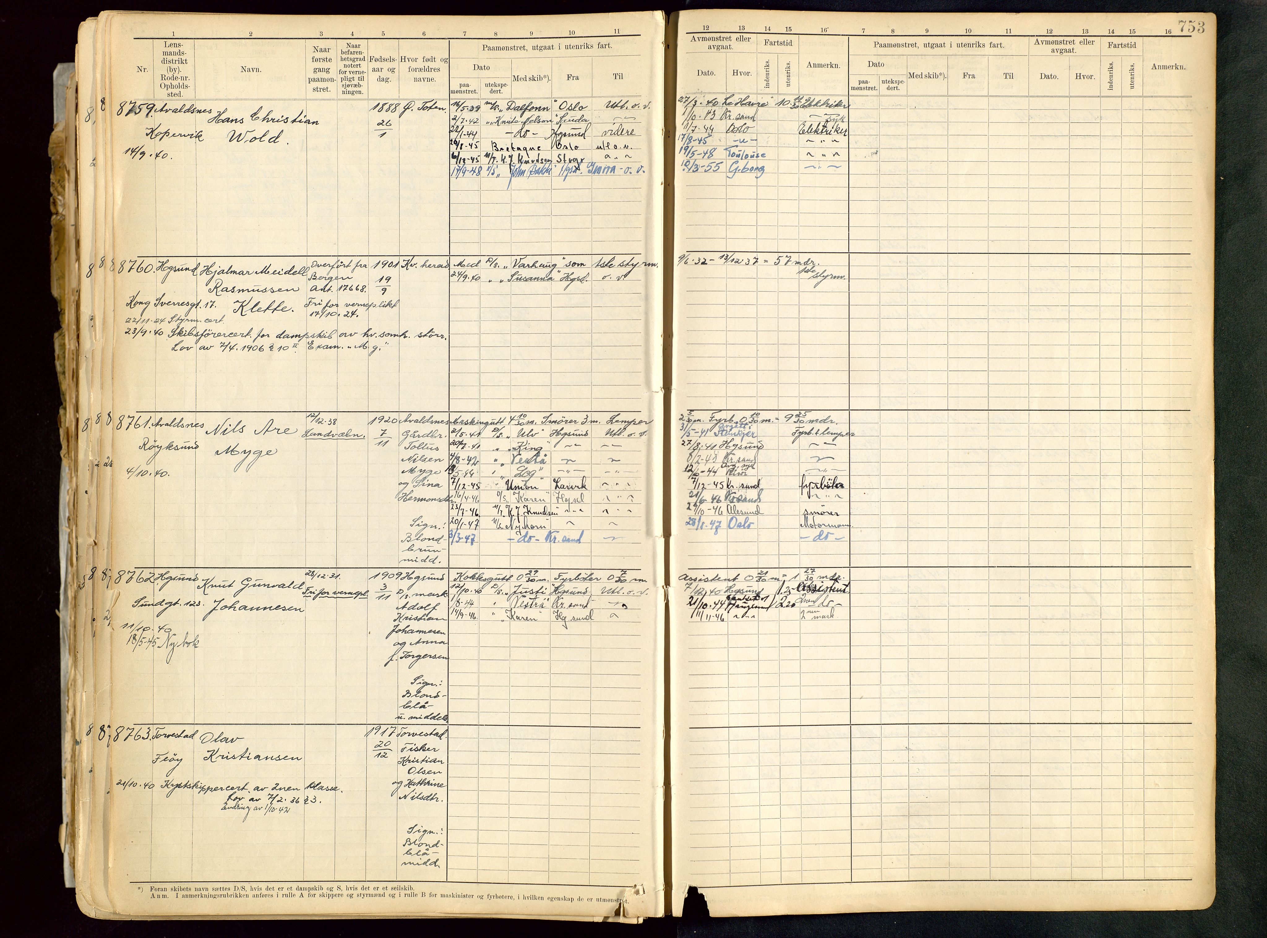 Haugesund sjømannskontor, AV/SAST-A-102007/F/Fb/Fbb/L0013: Sjøfartsrulle A Haugesund kretsnr. 5000-8999, 1868-1948, p. 753