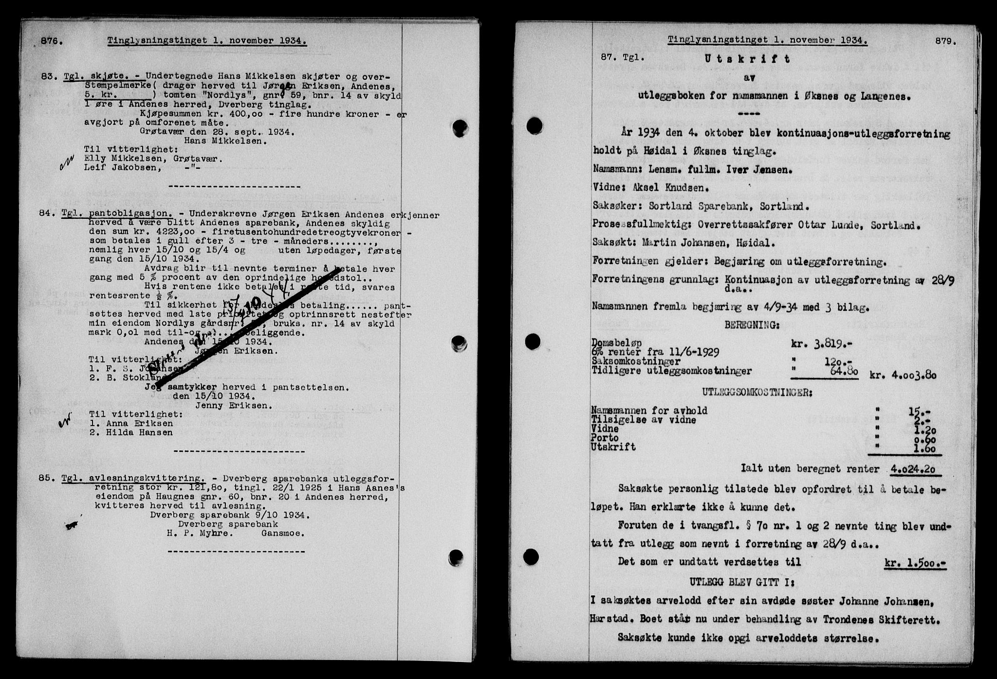 Vesterålen sorenskriveri, SAT/A-4180/1/2/2Ca/L0060: Mortgage book no. 53, 1934-1934, Deed date: 01.11.1934