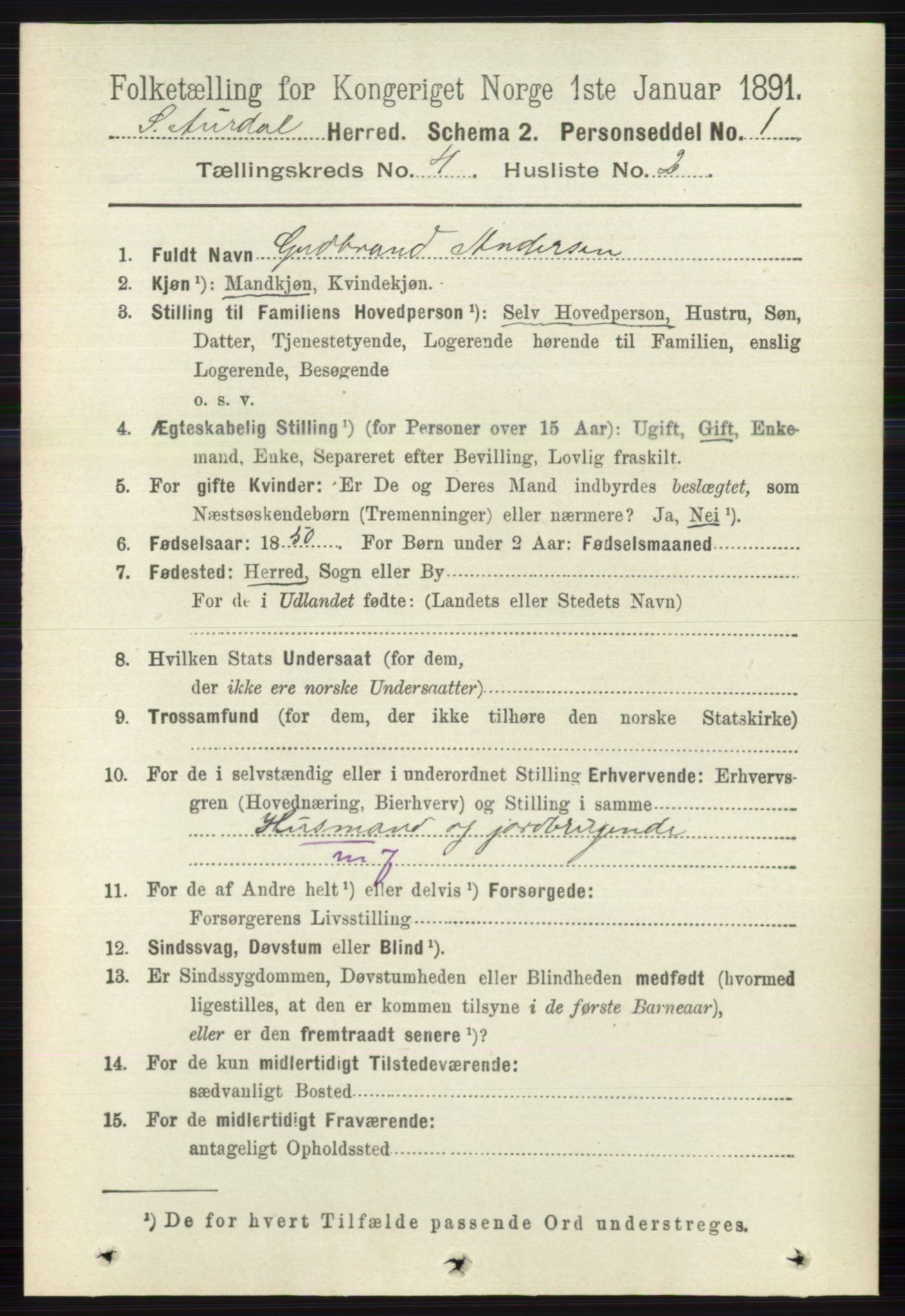 RA, 1891 census for 0540 Sør-Aurdal, 1891, p. 2402