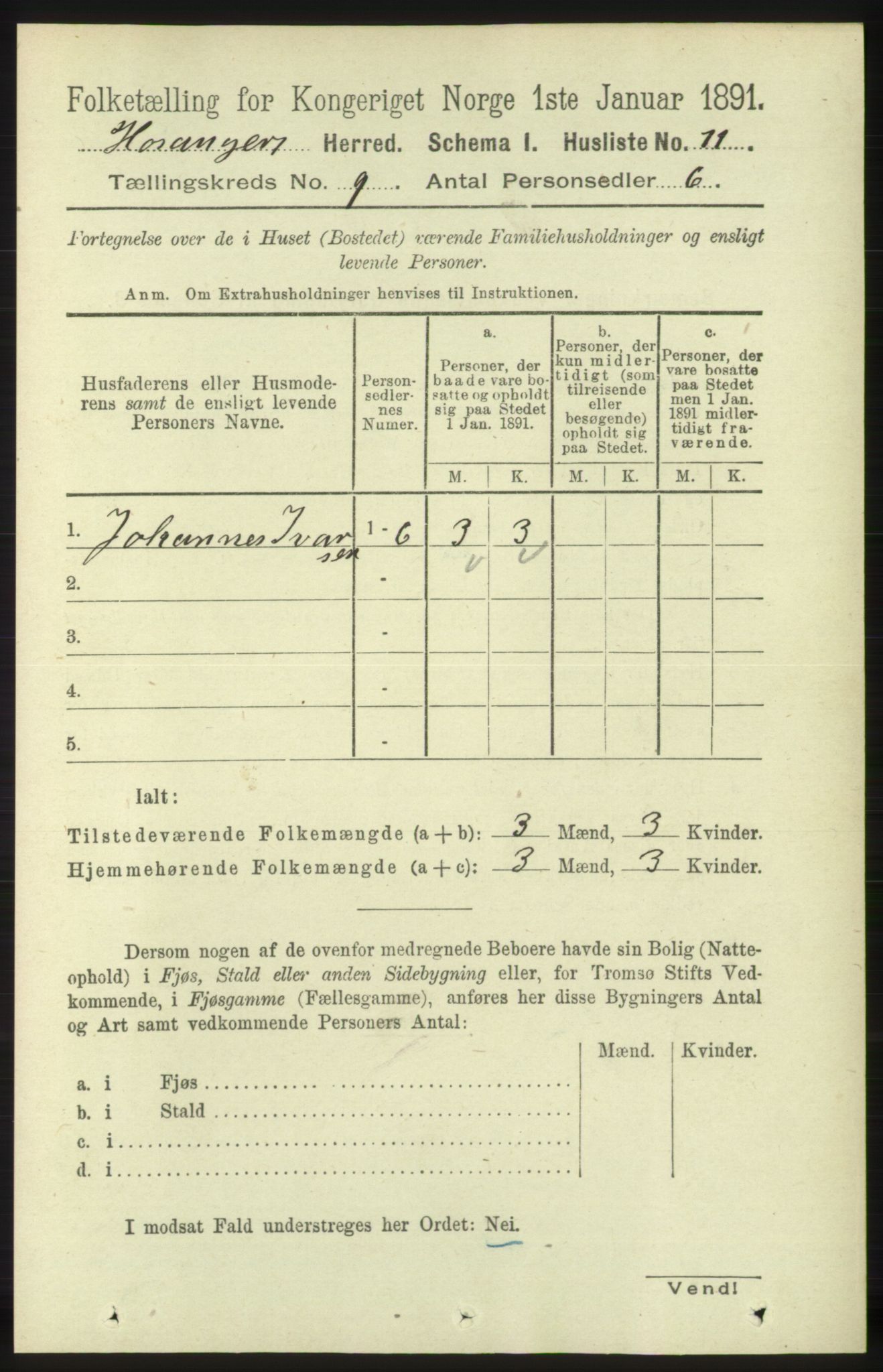 RA, 1891 census for 1253 Hosanger, 1891, p. 3280