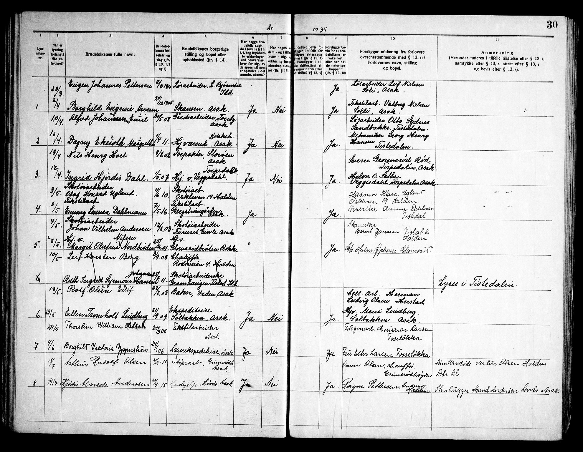 Berg prestekontor Kirkebøker, AV/SAO-A-10902/H/Hb/L0001: Banns register no. II 1, 1919-1966, p. 30