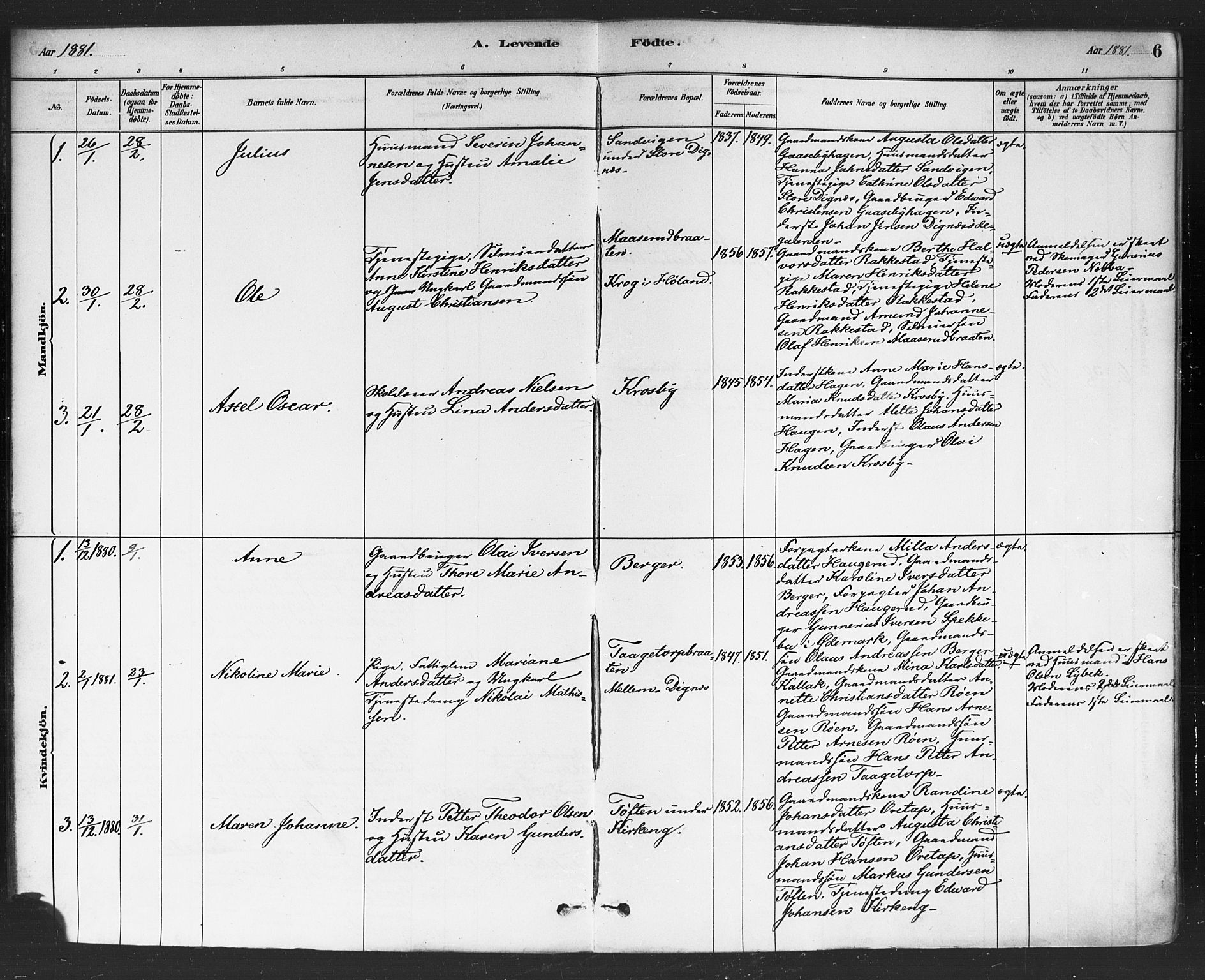 Rødenes prestekontor Kirkebøker, AV/SAO-A-2005/F/Fa/L0009: Parish register (official) no. I 9, 1880-1889, p. 6