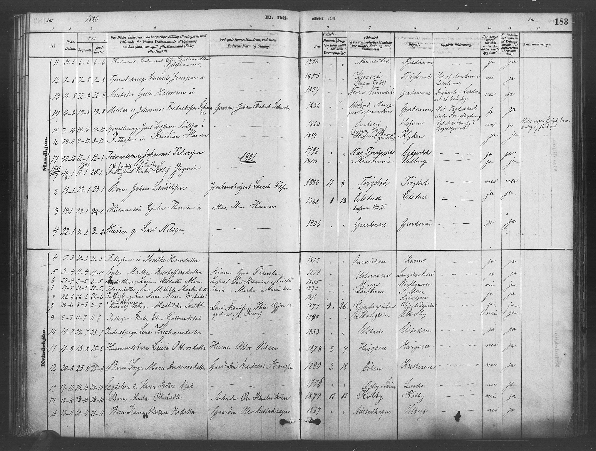 Ullensaker prestekontor Kirkebøker, AV/SAO-A-10236a/F/Fb/L0001: Parish register (official) no. II 1, 1878-1893, p. 183