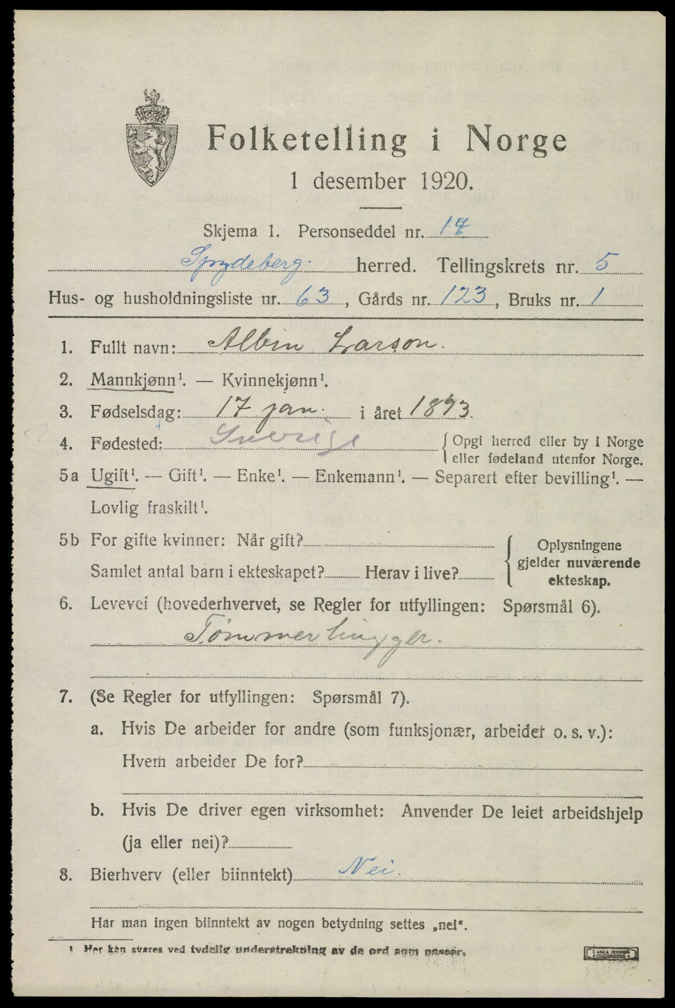 SAO, 1920 census for Spydeberg, 1920, p. 6931