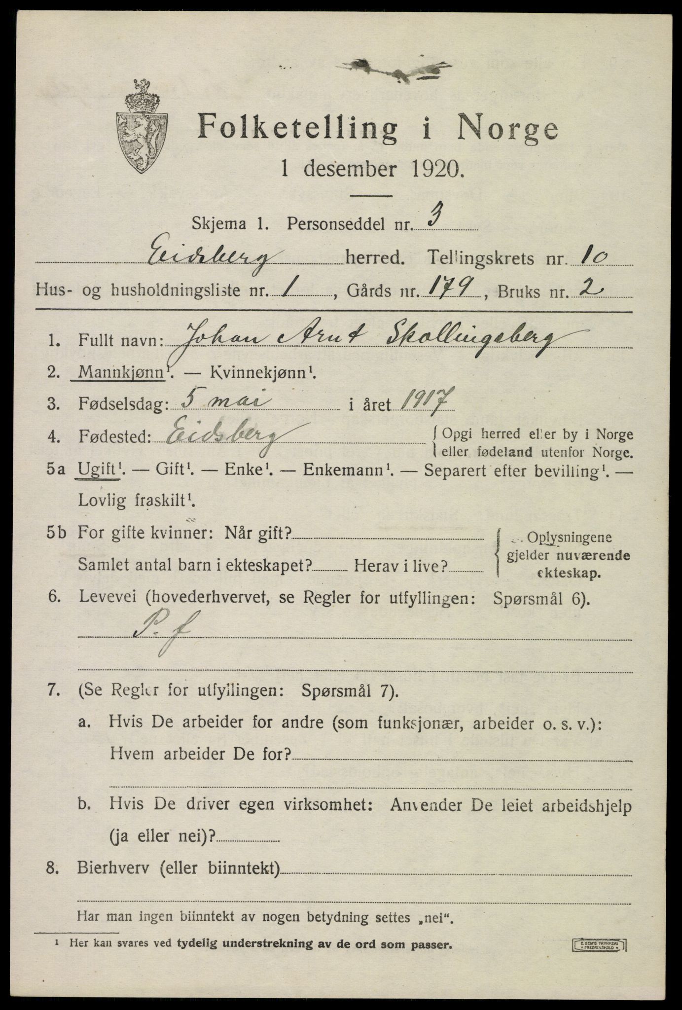 SAO, 1920 census for Eidsberg, 1920, p. 11941