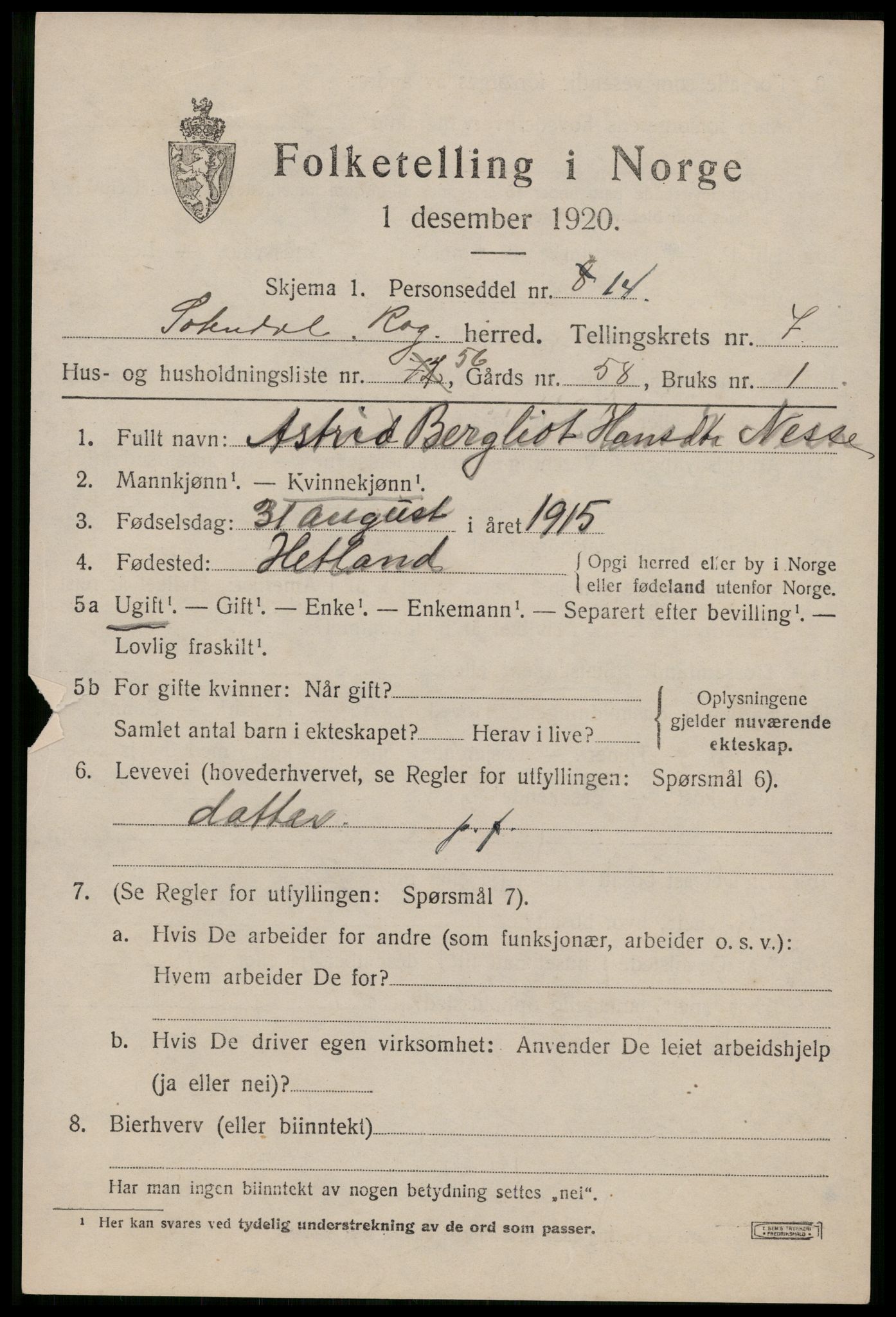 SAST, 1920 census for Sokndal, 1920, p. 4811