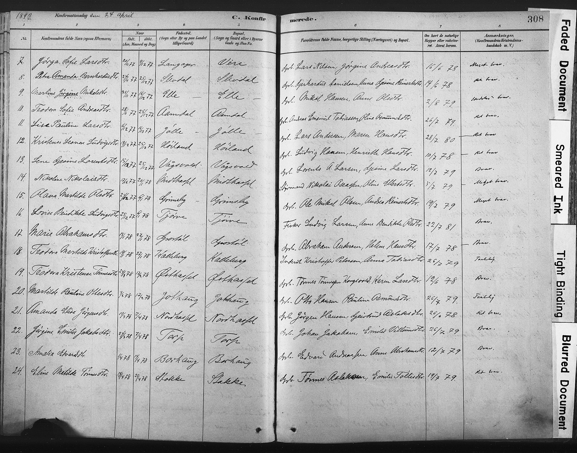 Lista sokneprestkontor, AV/SAK-1111-0027/F/Fa/L0012: Parish register (official) no. A 12, 1879-1903, p. 308