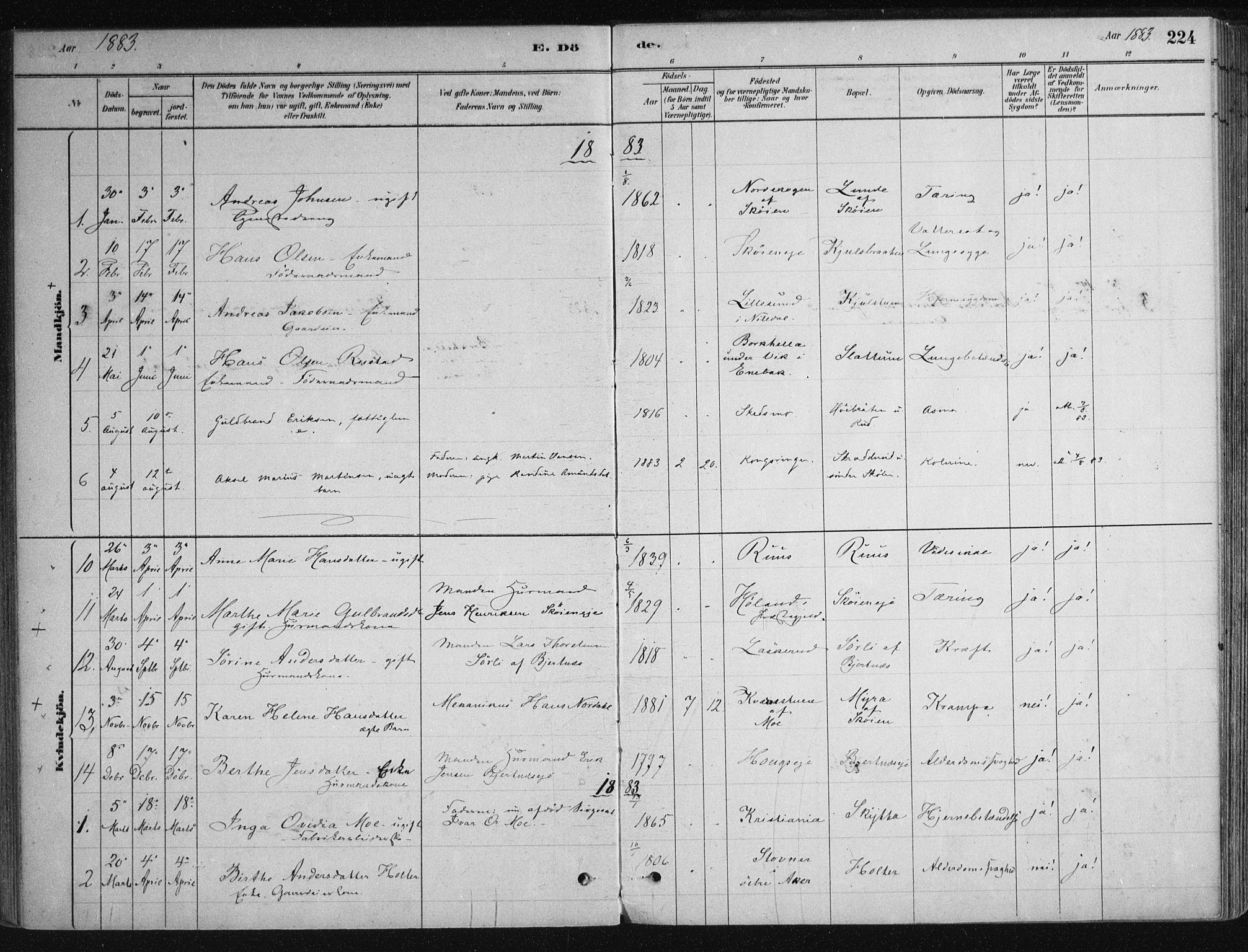 Nittedal prestekontor Kirkebøker, SAO/A-10365a/F/Fa/L0007: Parish register (official) no. I 7, 1879-1901, p. 224
