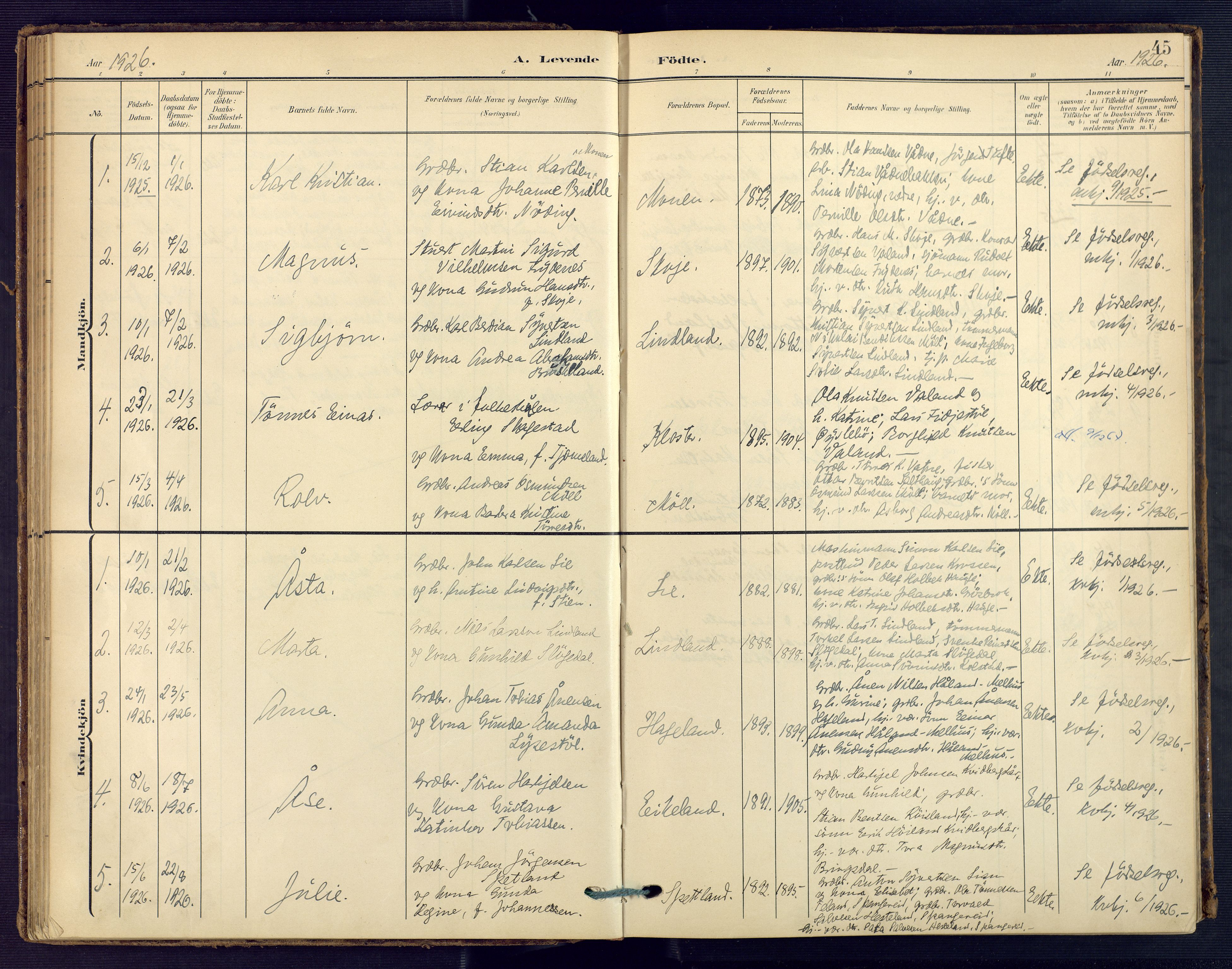 Holum sokneprestkontor, SAK/1111-0022/F/Fa/Faa/L0008: Parish register (official) no. A 8, 1908-1929, p. 45