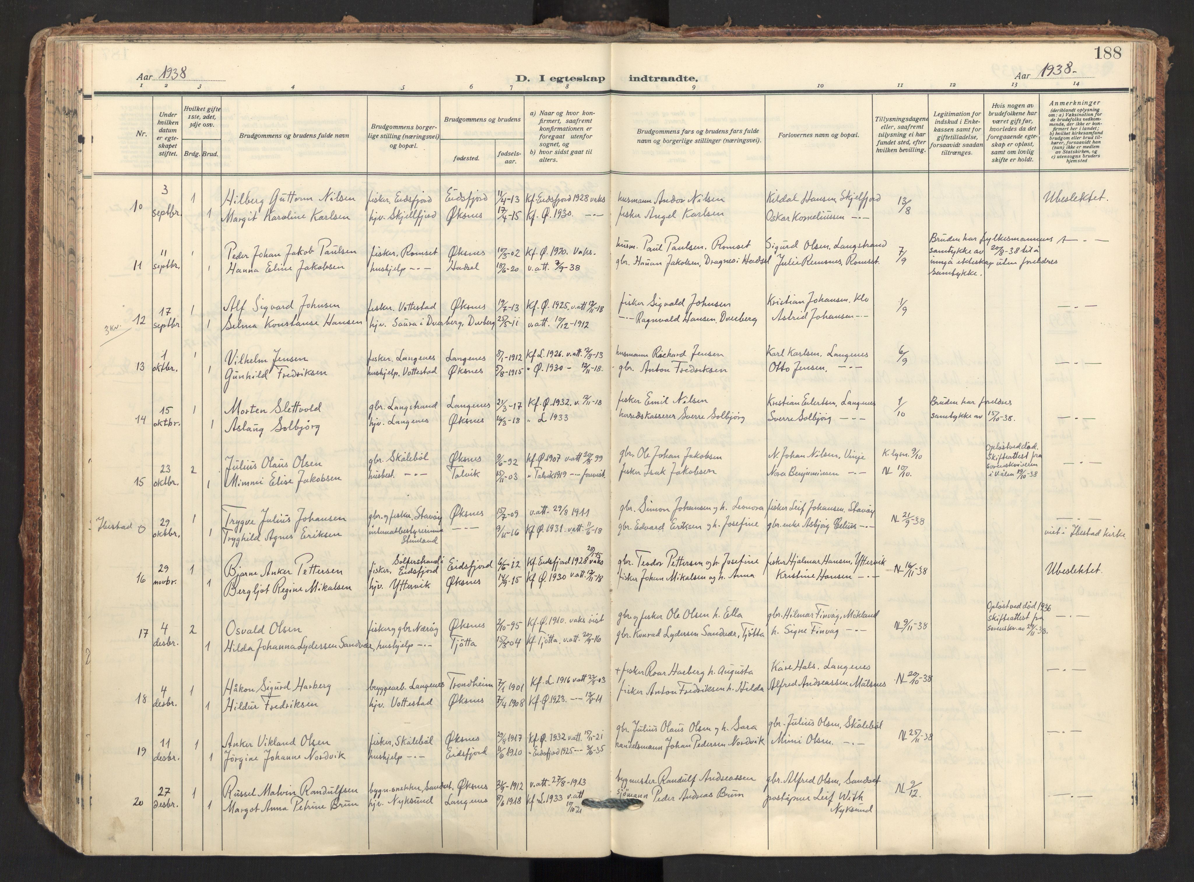 Ministerialprotokoller, klokkerbøker og fødselsregistre - Nordland, AV/SAT-A-1459/893/L1344: Parish register (official) no. 893A16, 1929-1946, p. 188