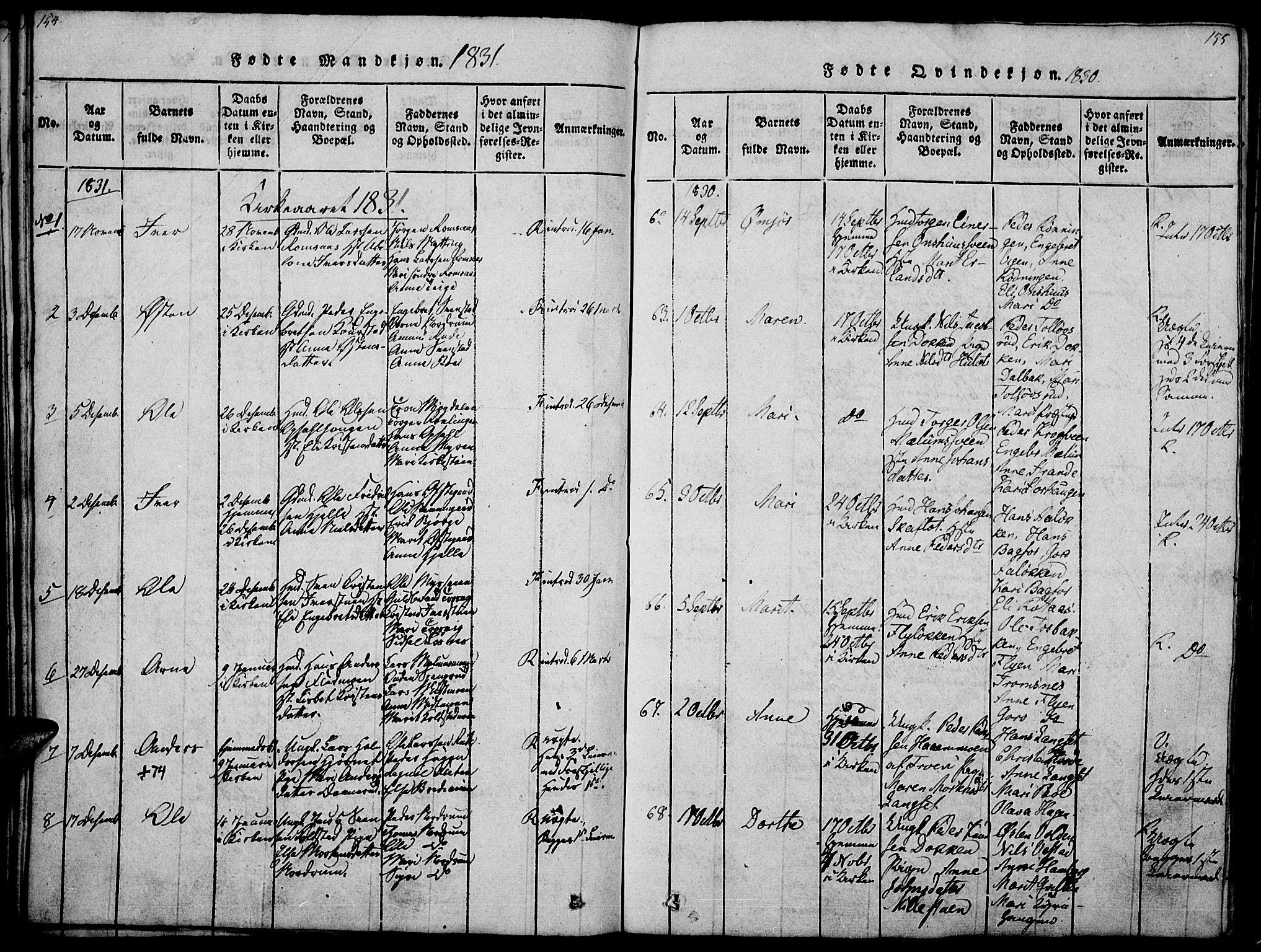 Ringebu prestekontor, SAH/PREST-082/H/Ha/Haa/L0004: Parish register (official) no. 4, 1821-1839, p. 154-155