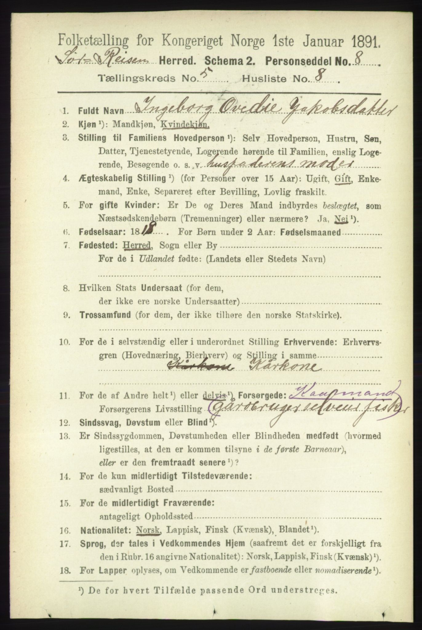 RA, 1891 census for 1925 Sørreisa, 1891, p. 1634
