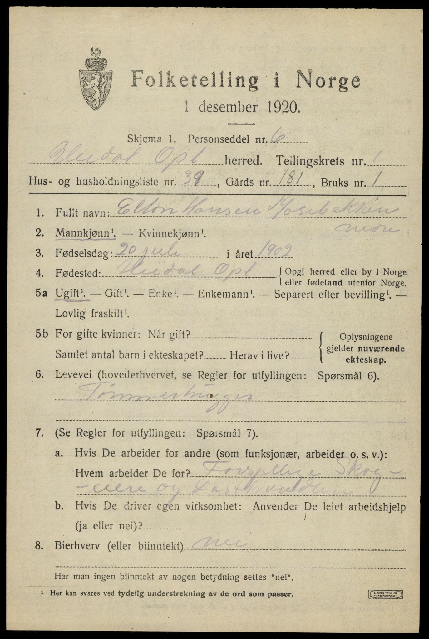 SAH, 1920 census for Heidal, 1920, p. 918