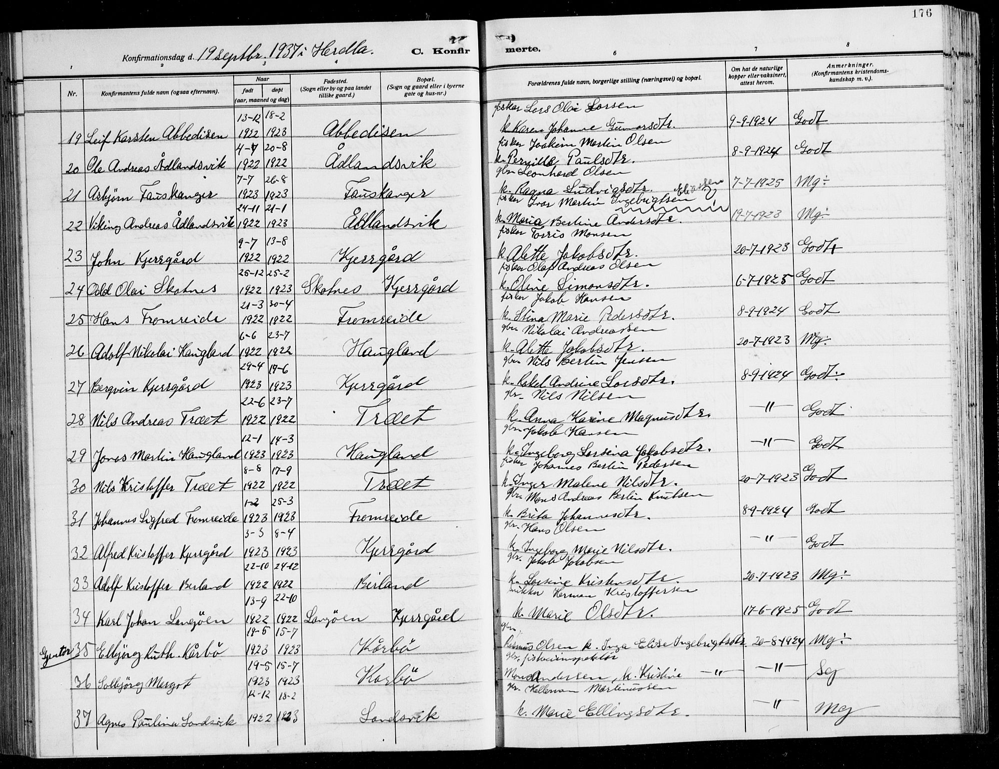 Herdla Sokneprestembete, AV/SAB-A-75701/H/Hab: Parish register (copy) no. C 3, 1926-1940, p. 176