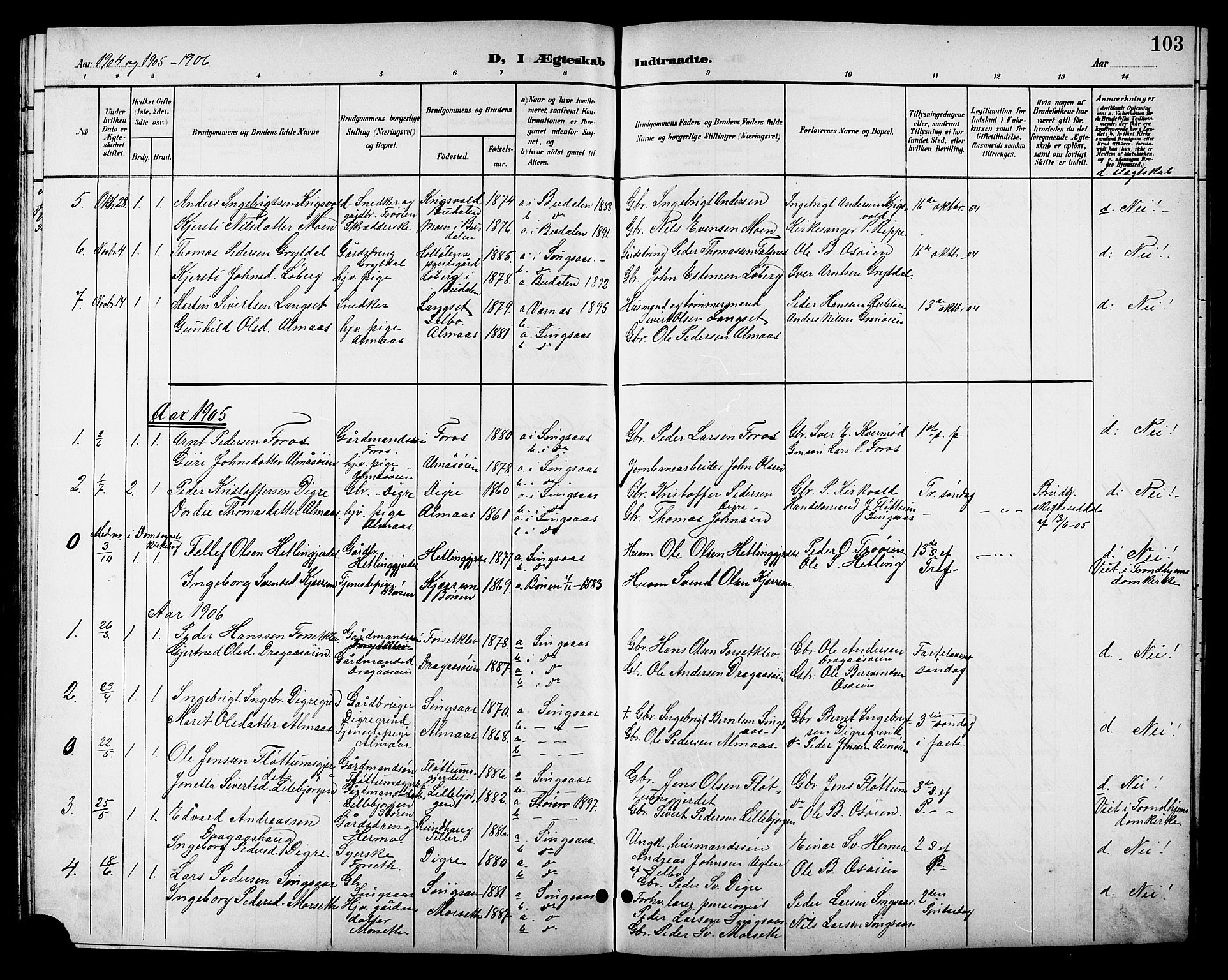 Ministerialprotokoller, klokkerbøker og fødselsregistre - Sør-Trøndelag, AV/SAT-A-1456/688/L1029: Parish register (copy) no. 688C04, 1899-1915, p. 103