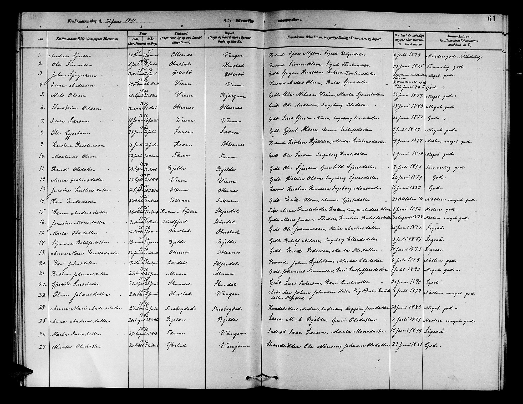 Aurland sokneprestembete, SAB/A-99937/H/Hb/Hba/L0002: Parish register (copy) no. A 2, 1880-1895, p. 61