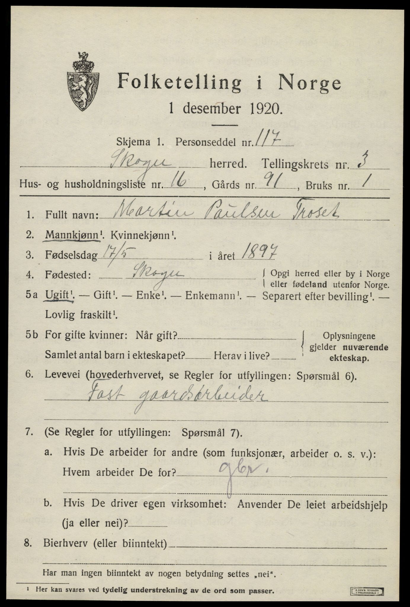 SAT, 1920 census for Skogn, 1920, p. 4827