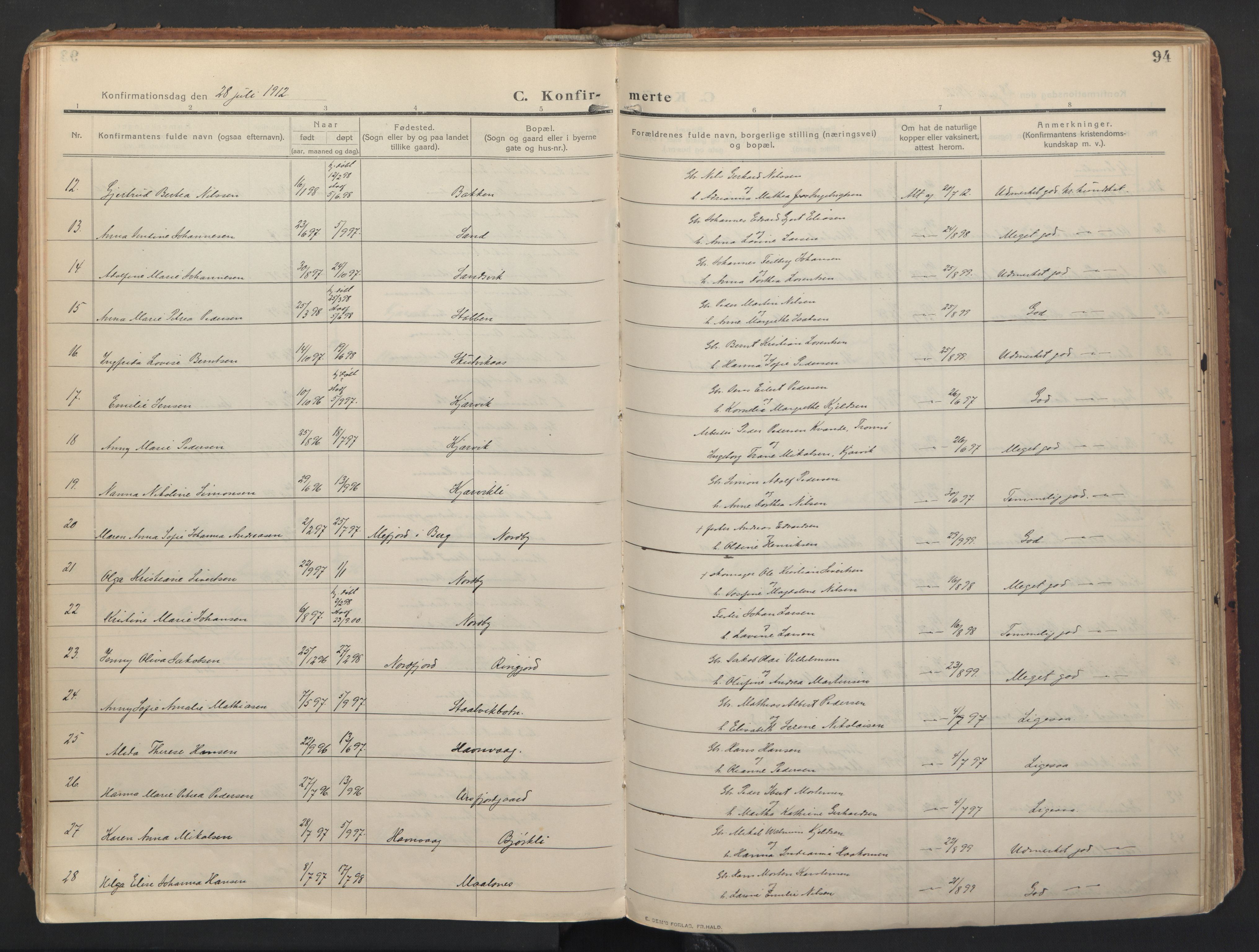 Balsfjord sokneprestembete, AV/SATØ-S-1303/G/Ga/L0008kirke: Parish register (official) no. 8, 1910-1927, p. 94