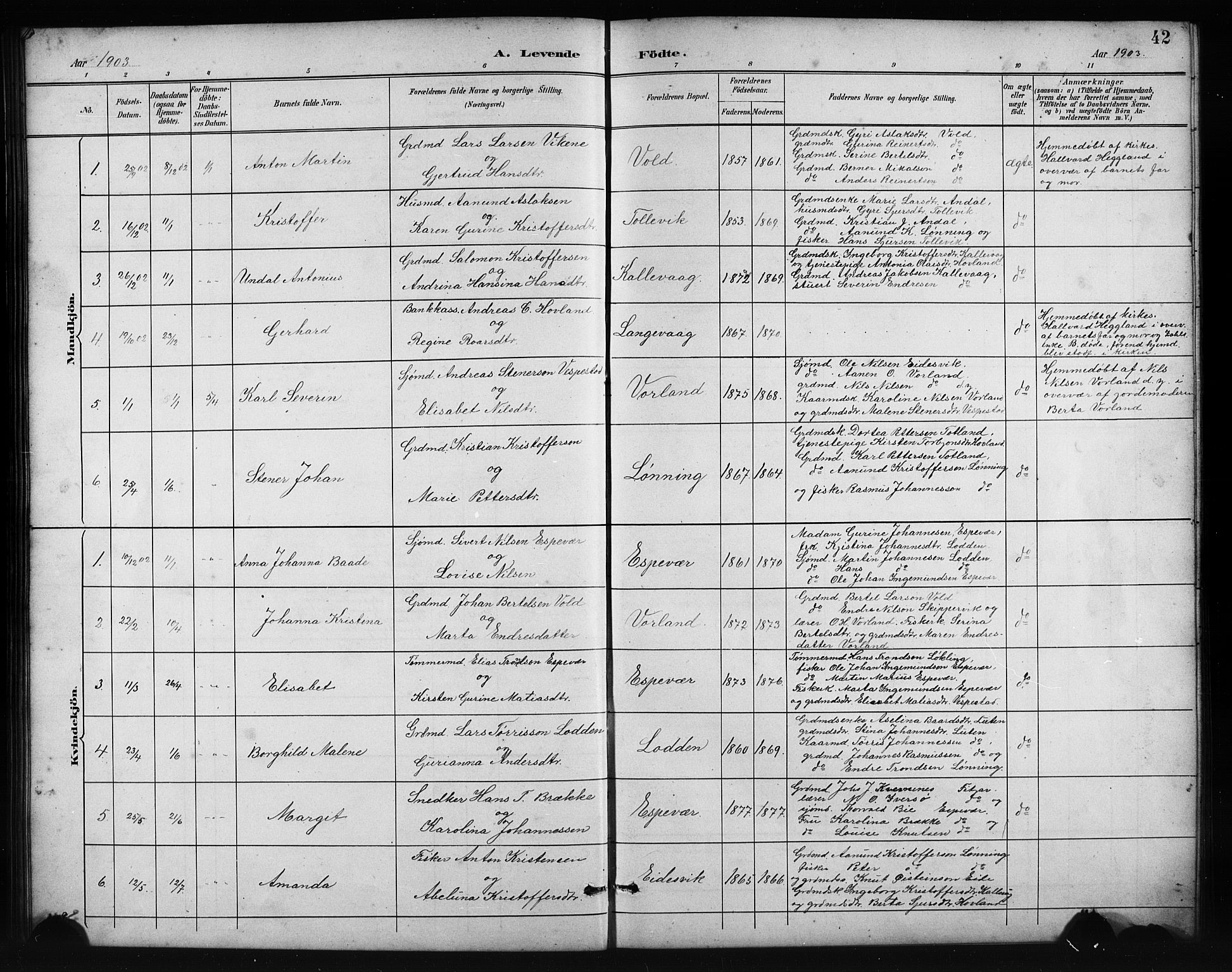 Finnås sokneprestembete, AV/SAB-A-99925/H/Ha/Hab/Habc/L0002: Parish register (copy) no. C 2, 1887-1906, p. 42