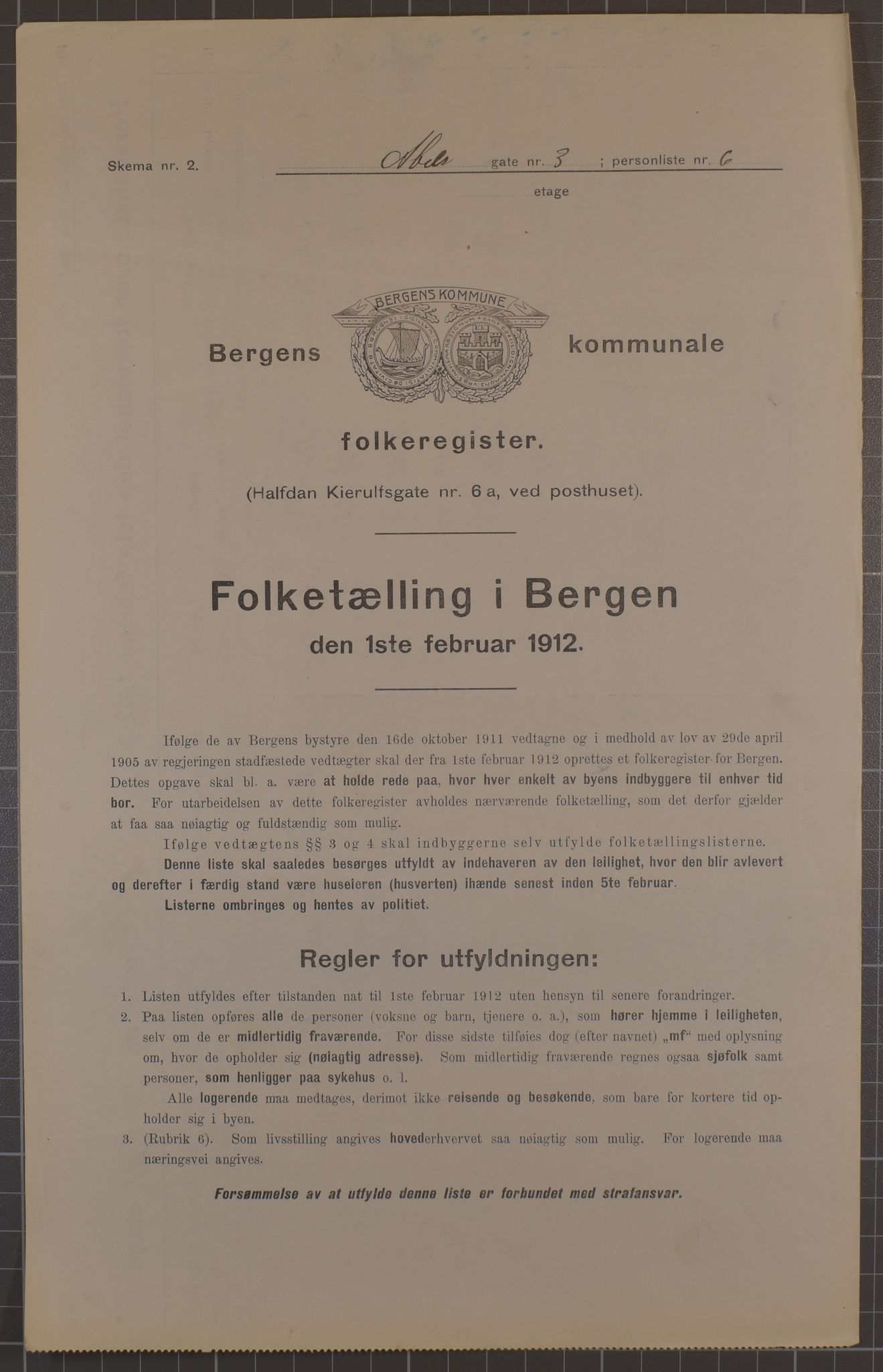 SAB, Municipal Census 1912 for Bergen, 1912, p. 199