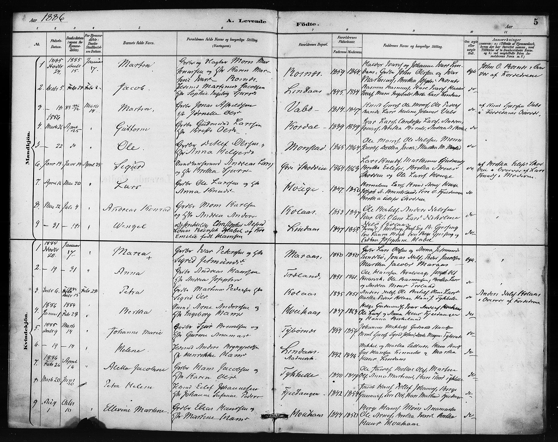 Lindås Sokneprestembete, SAB/A-76701/H/Haa: Parish register (official) no. B 1, 1886-1900, p. 5