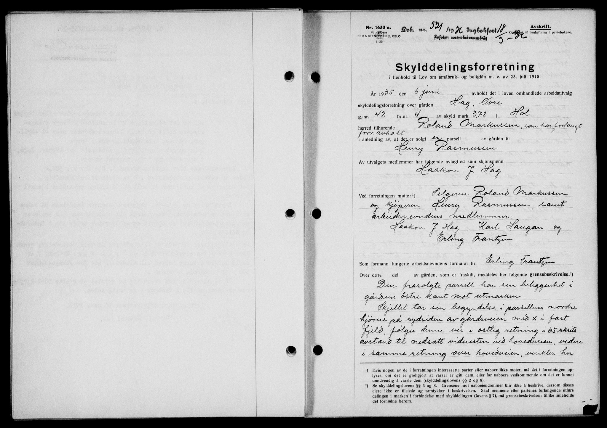 Lofoten sorenskriveri, SAT/A-0017/1/2/2C/L0033b: Mortgage book no. 33b, 1936-1936, Diary no: : 521/1936