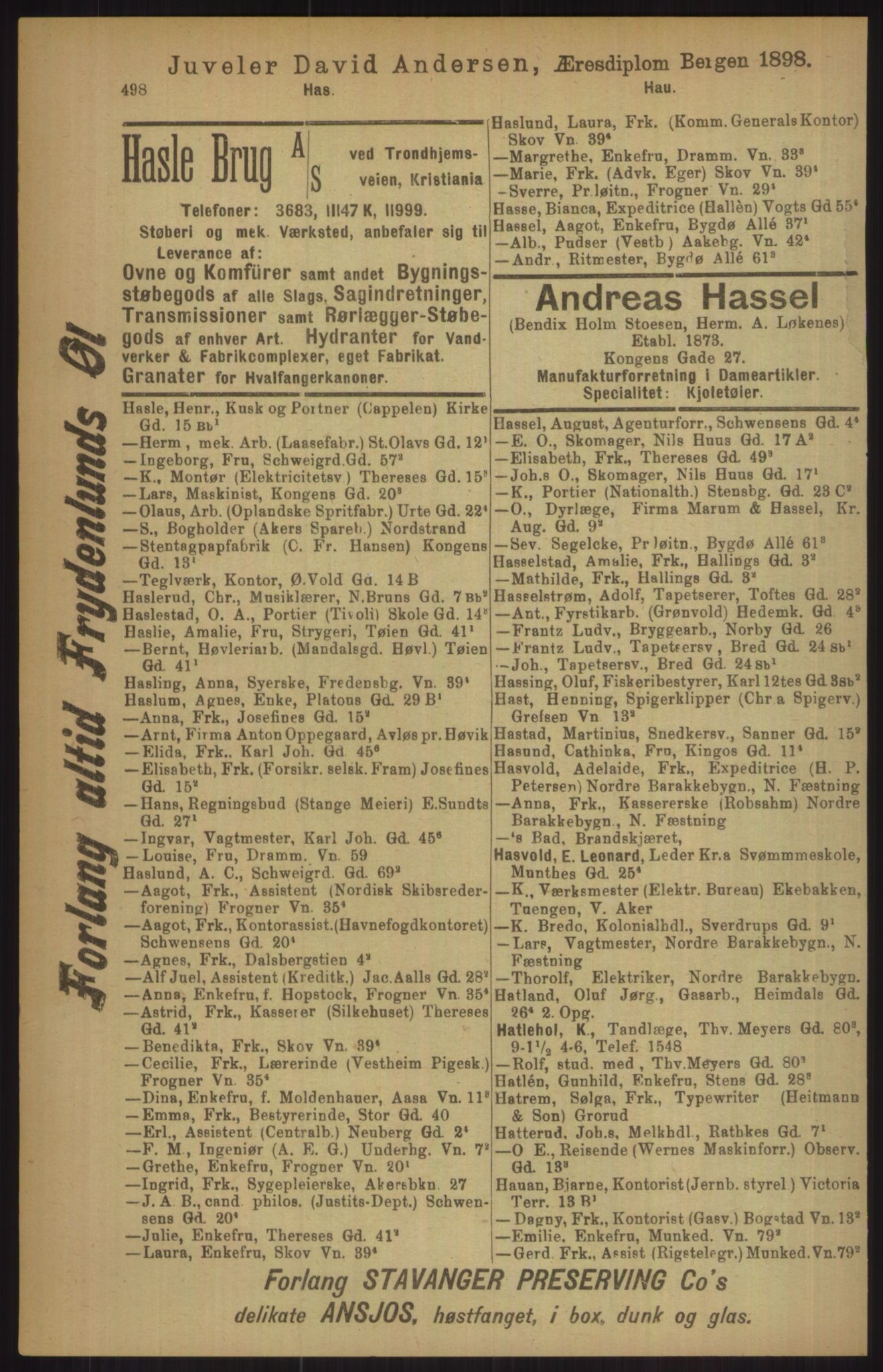 Kristiania/Oslo adressebok, PUBL/-, 1911, p. 498