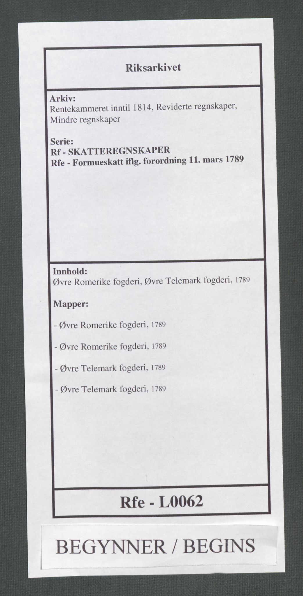 Rentekammeret inntil 1814, Reviderte regnskaper, Mindre regnskaper, RA/EA-4068/Rf/Rfe/L0062: Øvre Romerike fogderi, Øvre Telemark fogderi, 1789, p. 1