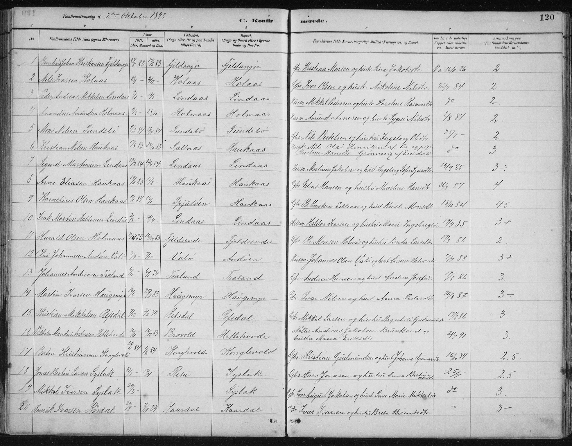 Lindås Sokneprestembete, SAB/A-76701/H/Hab: Parish register (copy) no. B 3, 1886-1914, p. 120