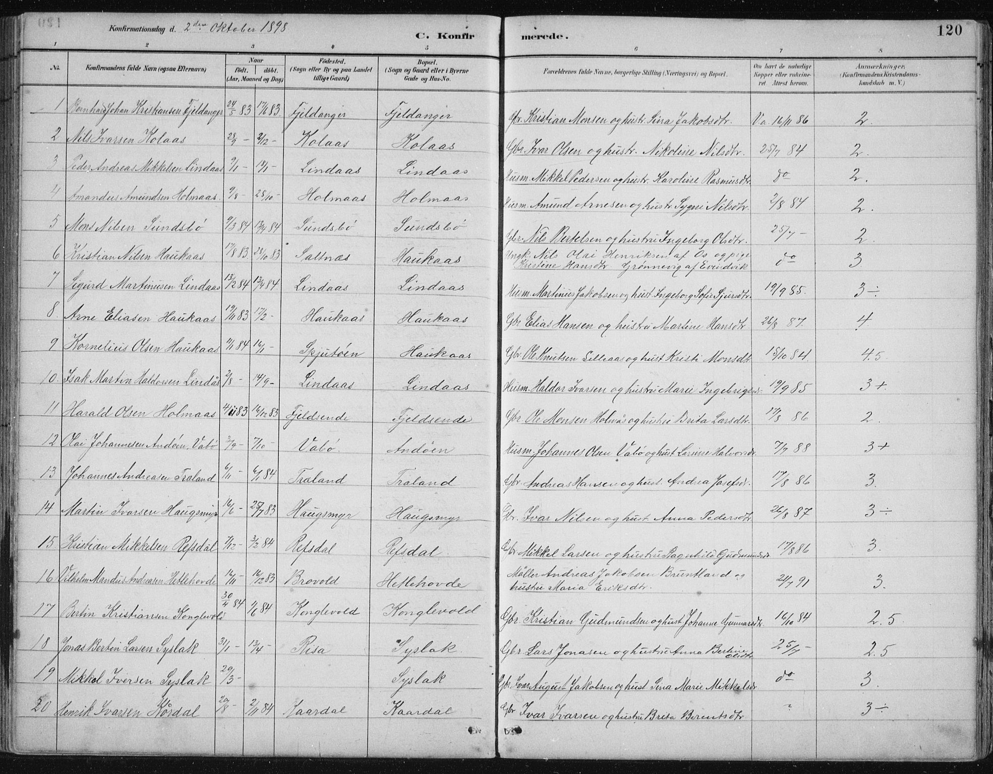 Lindås Sokneprestembete, AV/SAB-A-76701/H/Hab/Habb/L0003: Parish register (copy) no. B 3, 1886-1914, p. 120