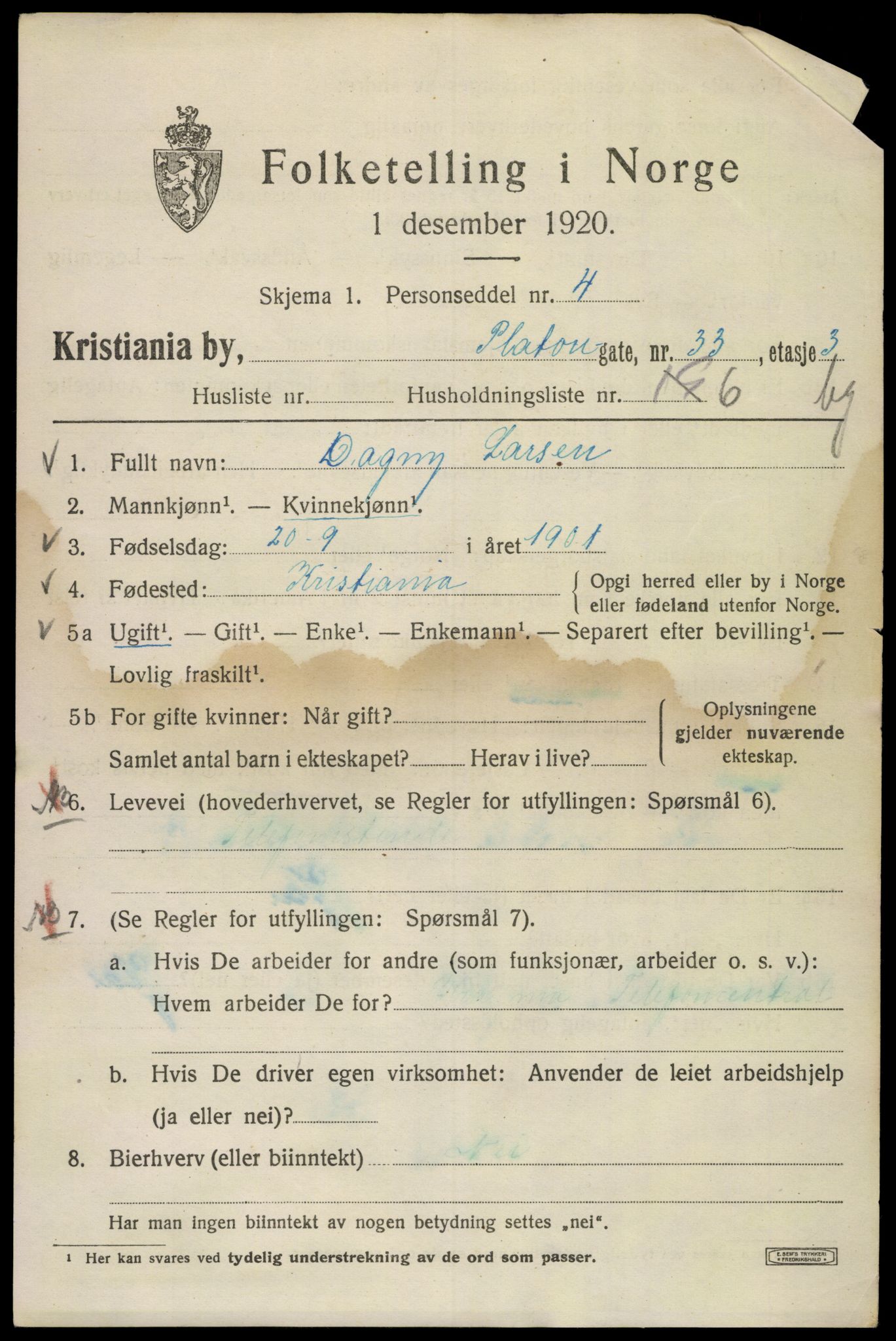 SAO, 1920 census for Kristiania, 1920, p. 456239