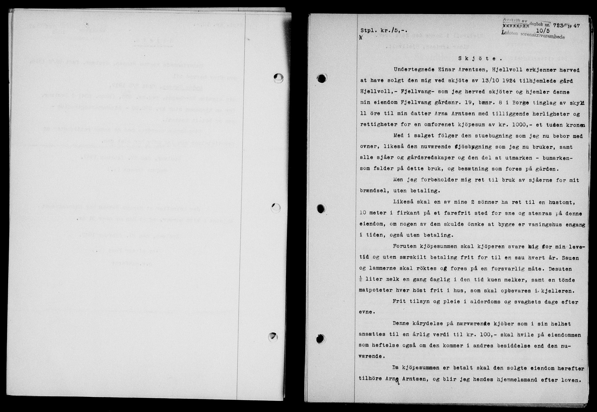 Lofoten sorenskriveri, SAT/A-0017/1/2/2C/L0016a: Mortgage book no. 16a, 1947-1947, Diary no: : 723/1947