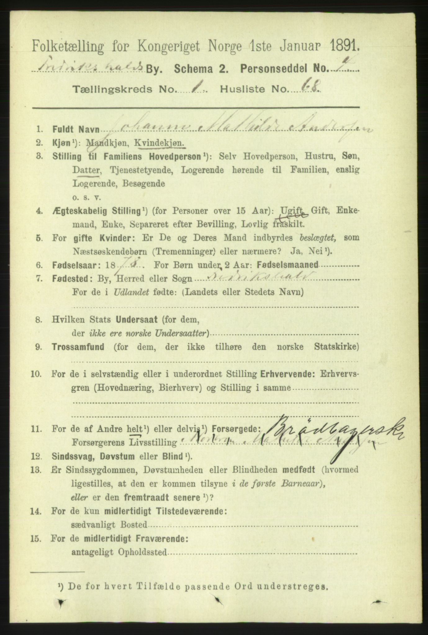 RA, 1891 census for 0101 Fredrikshald, 1891, p. 2598