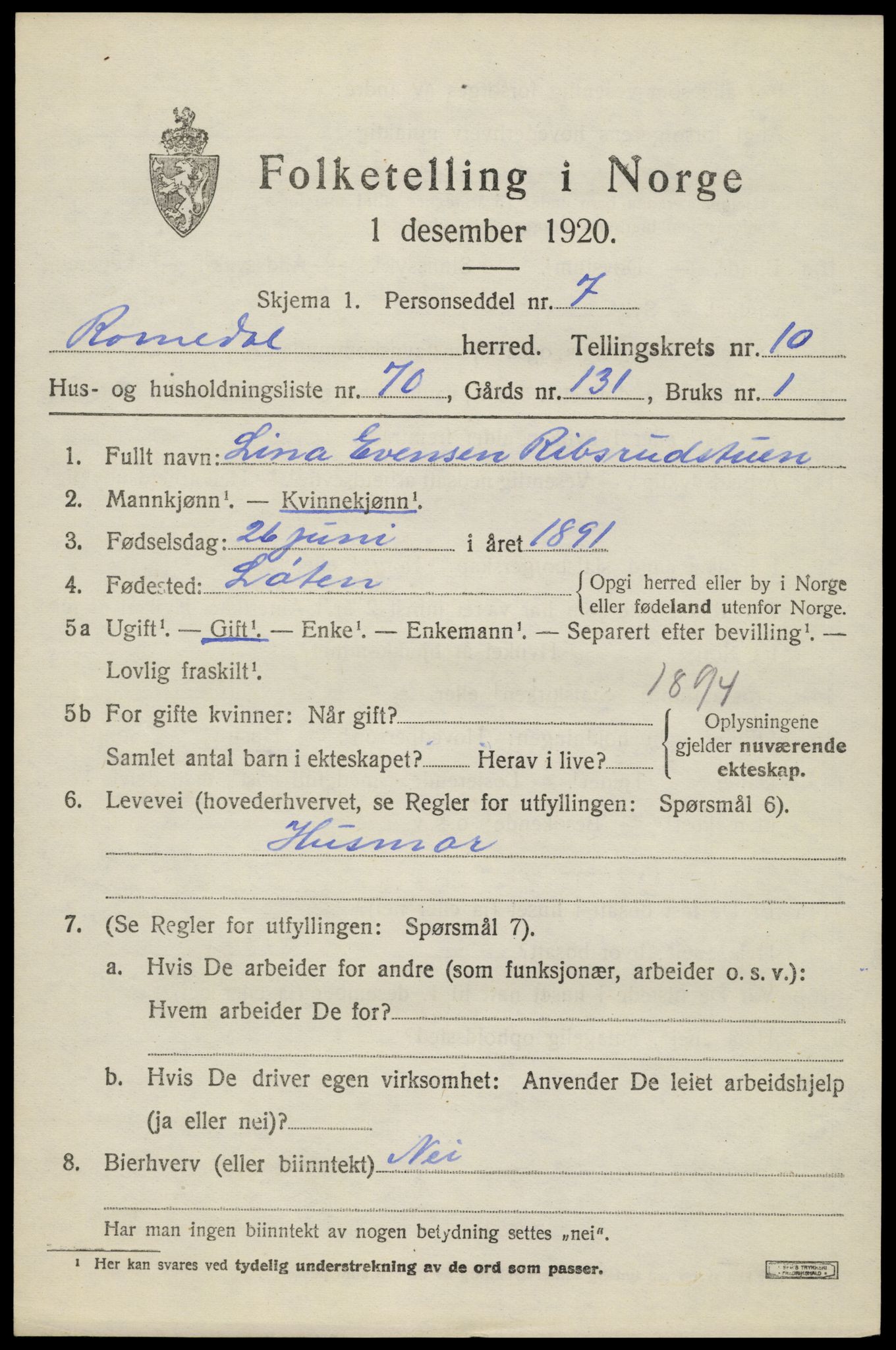 SAH, 1920 census for Romedal, 1920, p. 12091