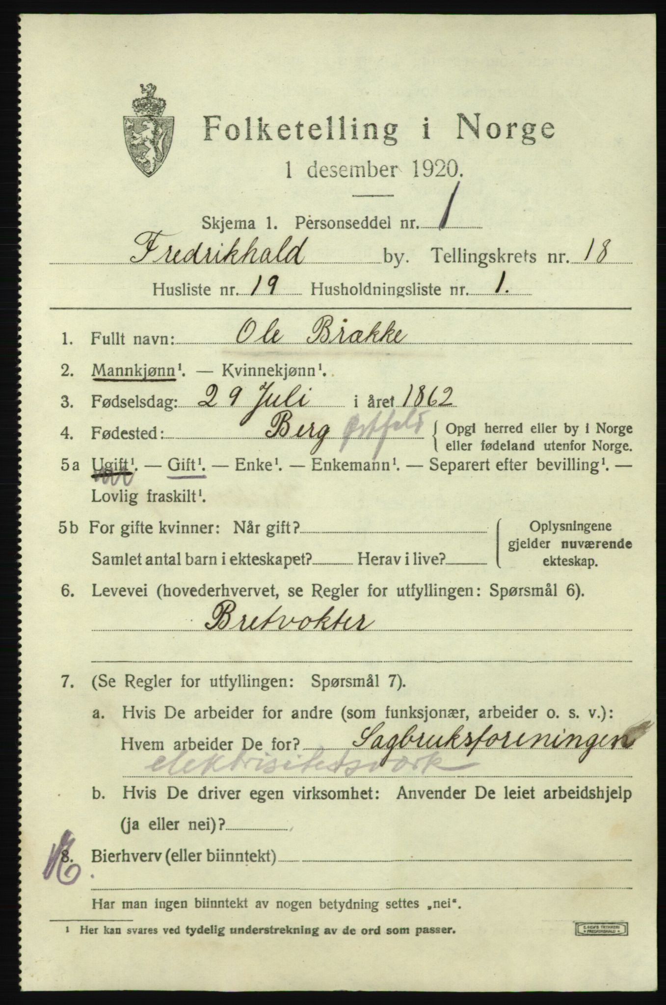 SAO, 1920 census for Fredrikshald, 1920, p. 27607