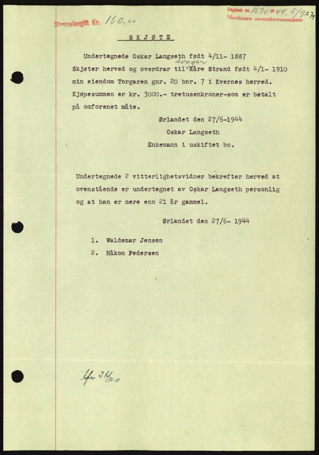 Nordmøre sorenskriveri, AV/SAT-A-4132/1/2/2Ca: Mortgage book no. A98, 1944-1944, Diary no: : 1530/1944